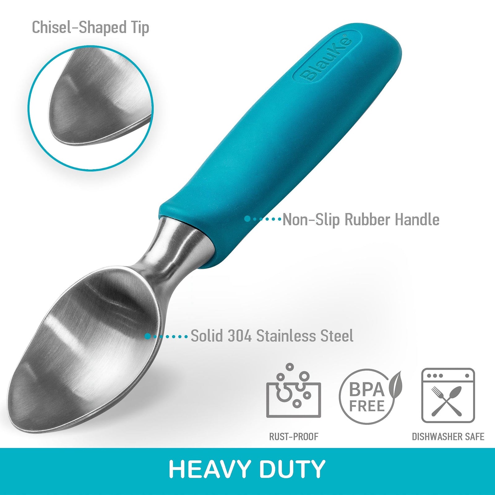 BlauKe Stainless Steel Ice Cream Scoop - Professional Ice Cream Scooper With Comfortable Non-slip Rubber Grip - Dishwasher Safe