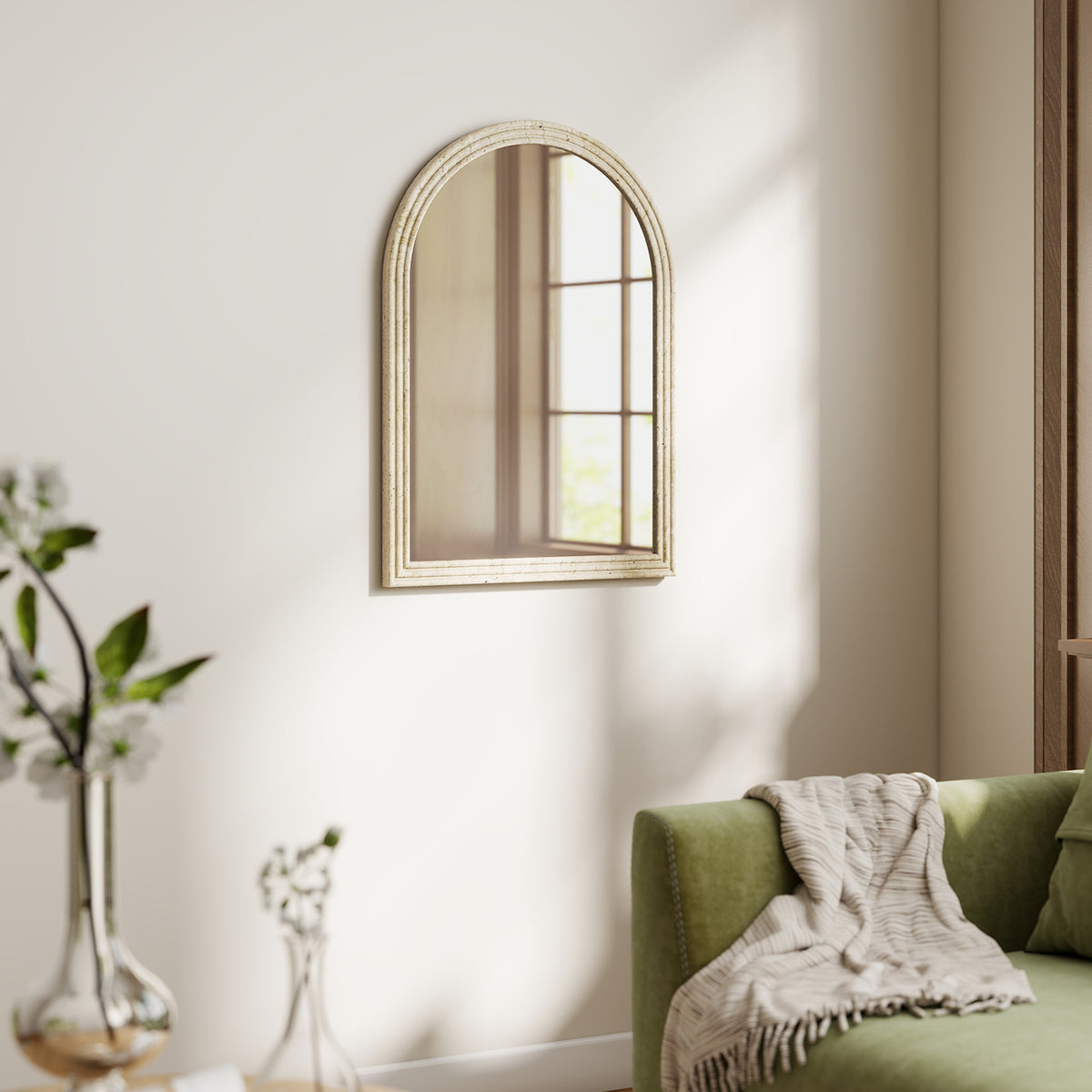HOMCOM Arched Wall Mirror With Modern Tempered Glass & Polystyrene Beige