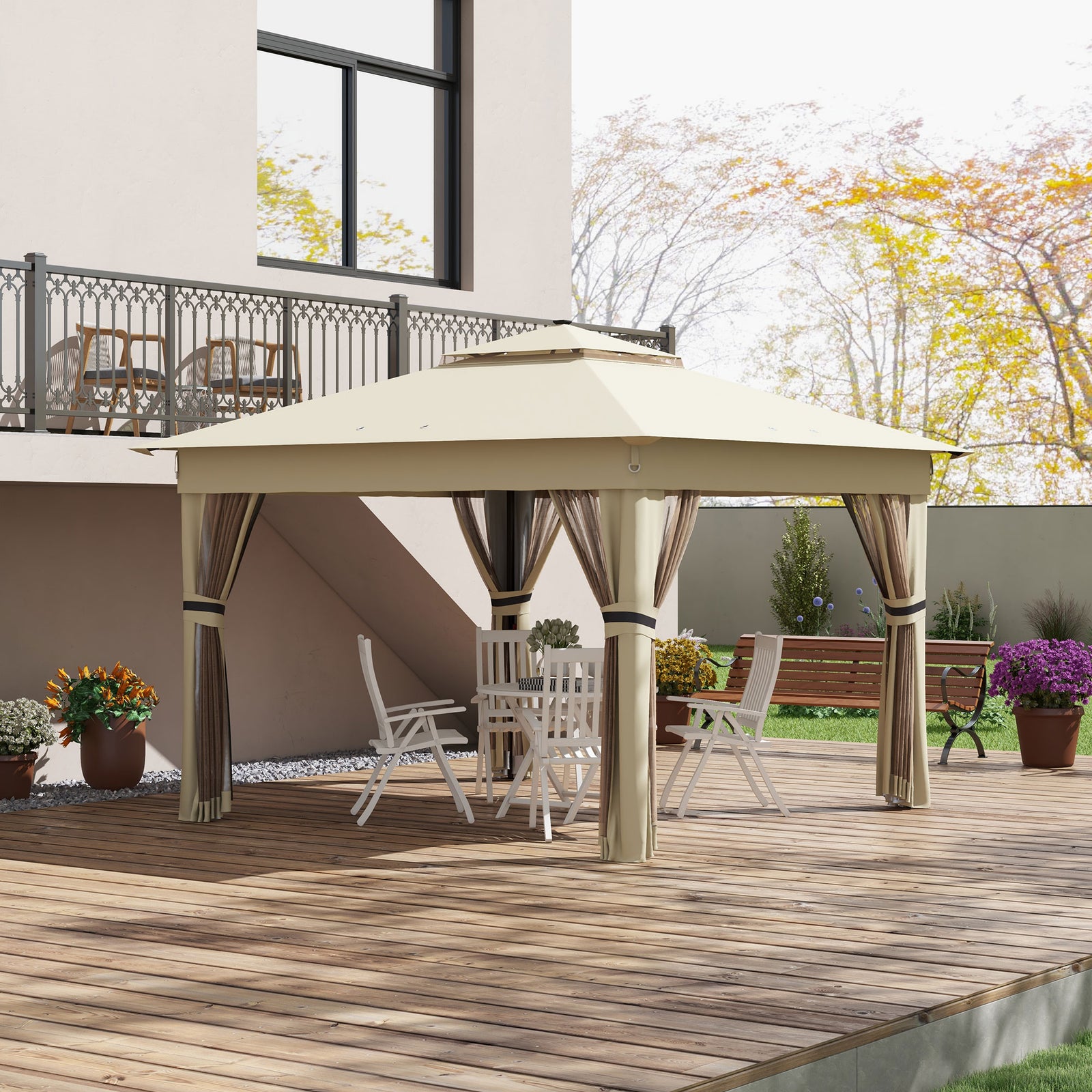 3x3(m) Pop Up Gazebo W/ Solar-powered Led Lights Curtain | Khaki