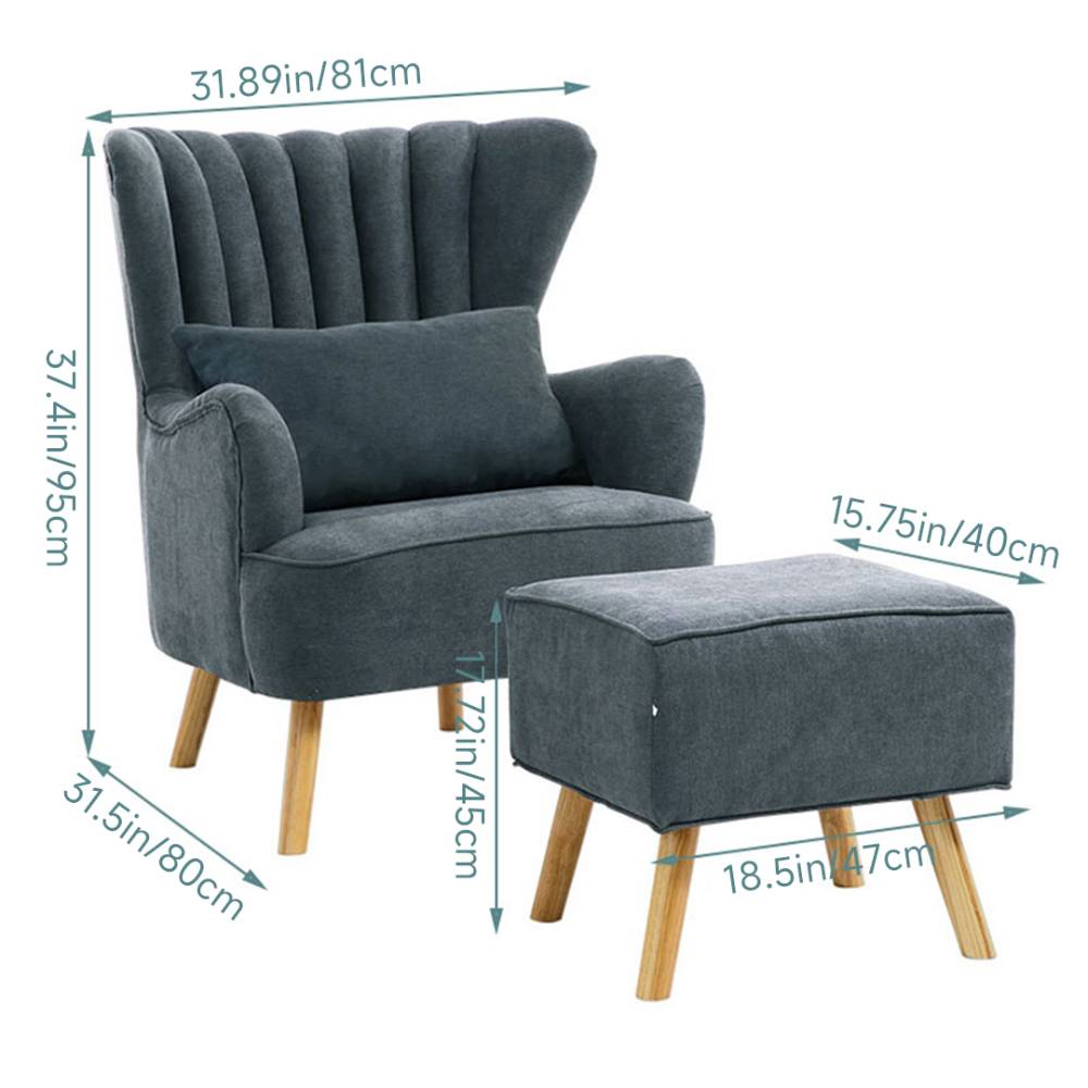Navy Grey Upholstered Wingback Chair With Footstool & Pillow