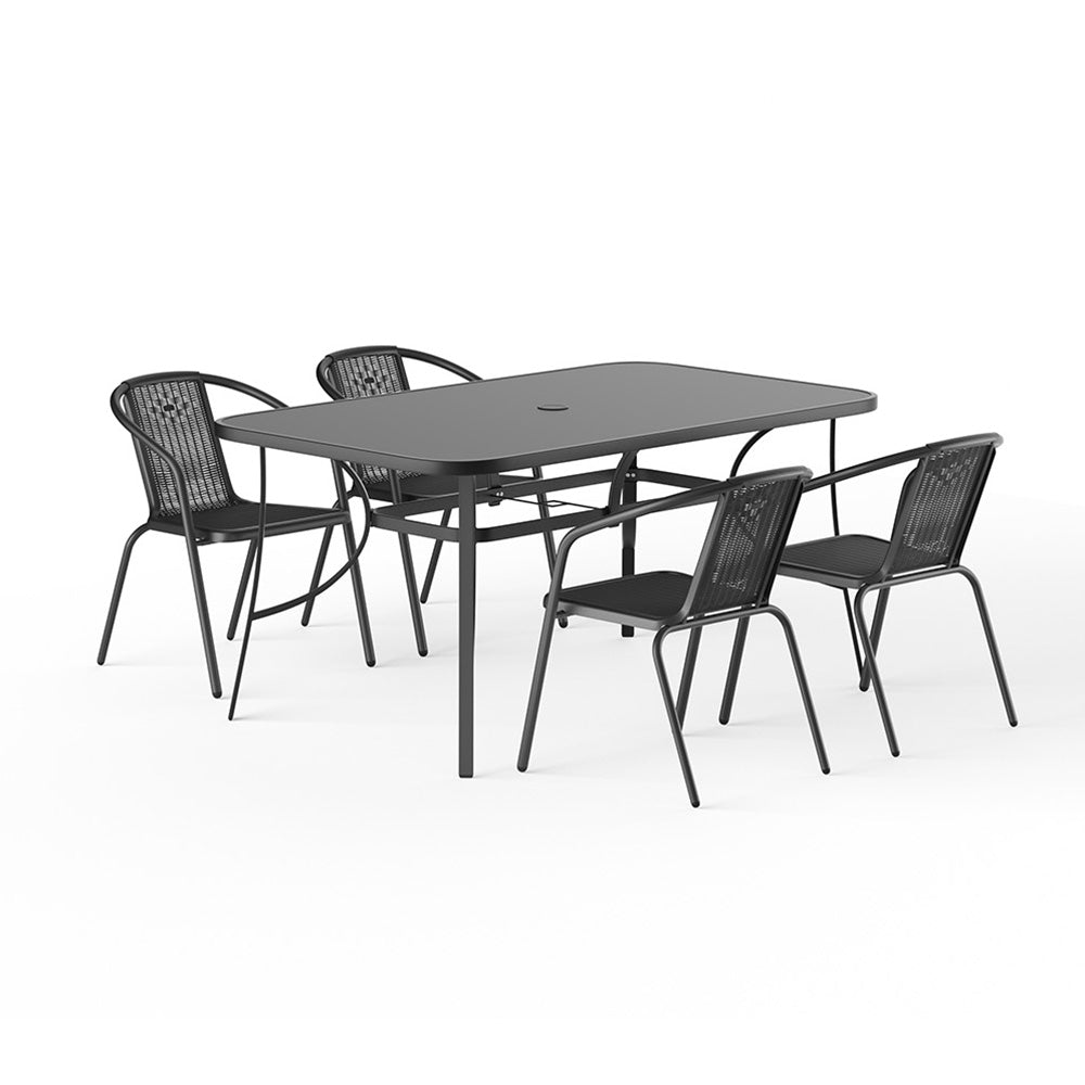 5 Pieces Garden Dining Set Outdoor Tempered Glass Garden Table With Rattan Chairs