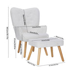 White Teddy Fabric Armchair With Ottoman, Iron Frame & Solid Oak Legs