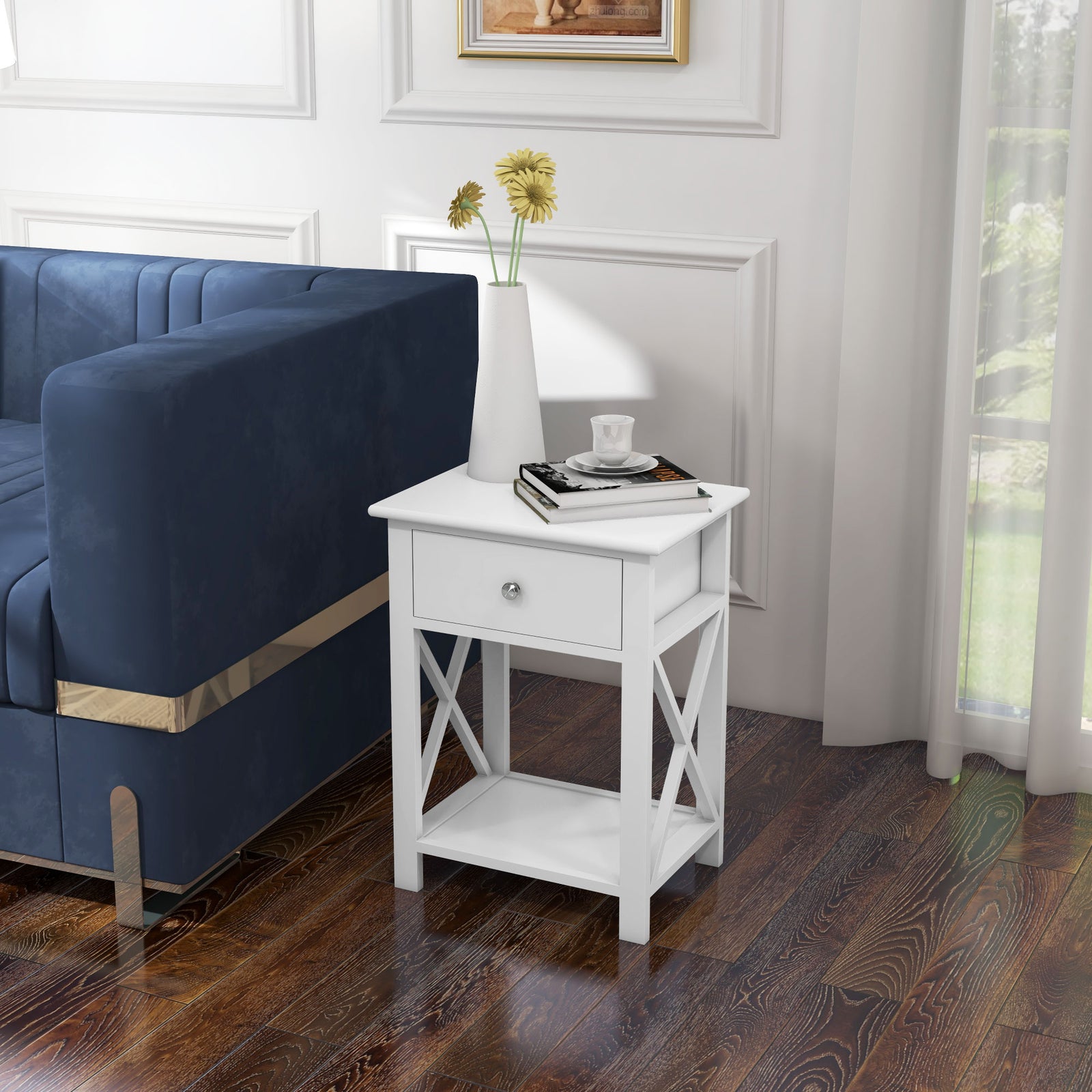 Side Table Nightstand For Bedroom With Drawer & Bottom Shelf | White
