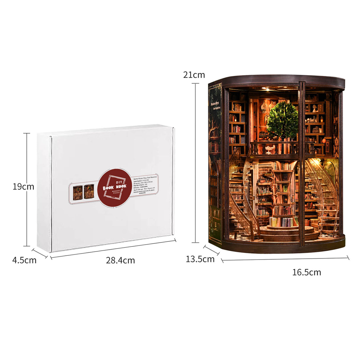 Book Nook Kit For Adults Library Diorama With Led, Shelf Decor, Walnut