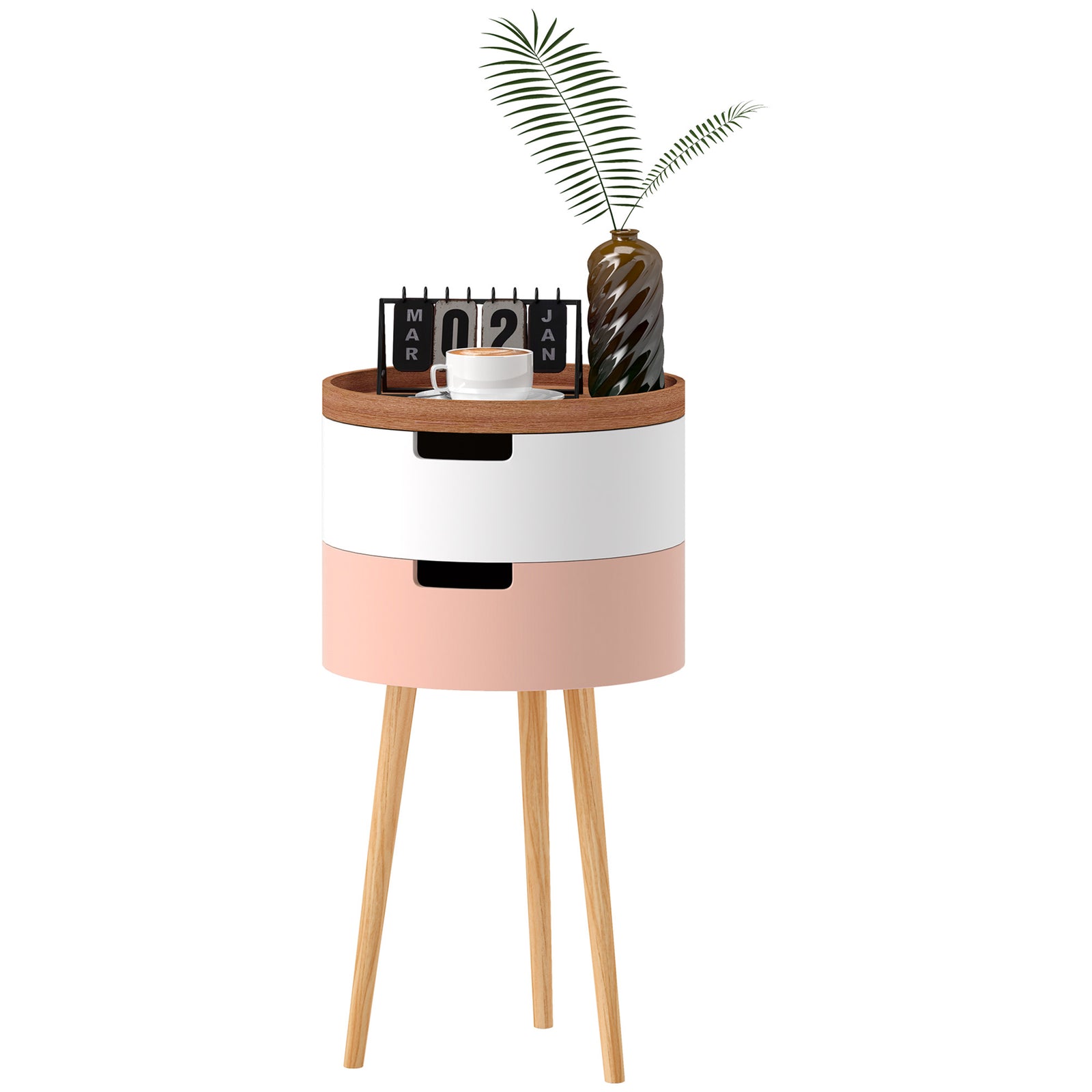 3-tier Round Side Table, Wood Legs, Multicolour