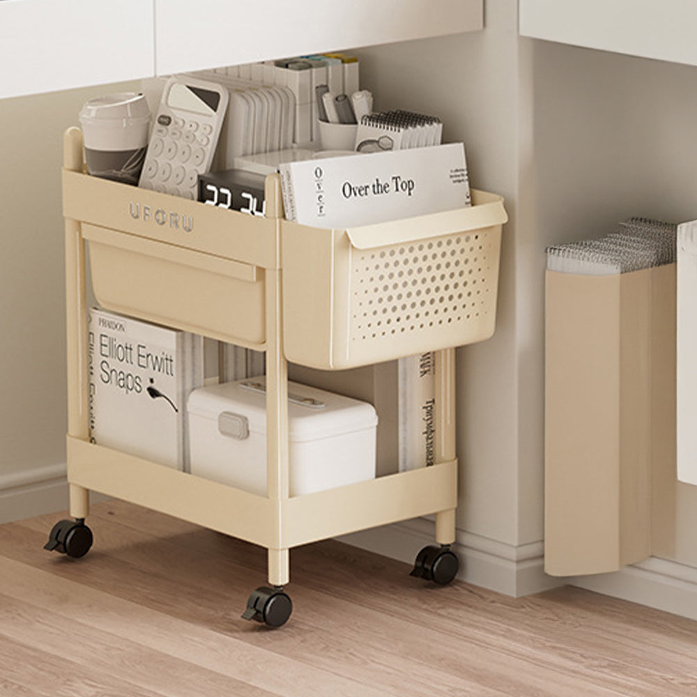 2/3/4-tier Rolling Storage Cart With Lockable Wheels Organizer Trolley With Hanging Baskets & Drawer | Small | Cream