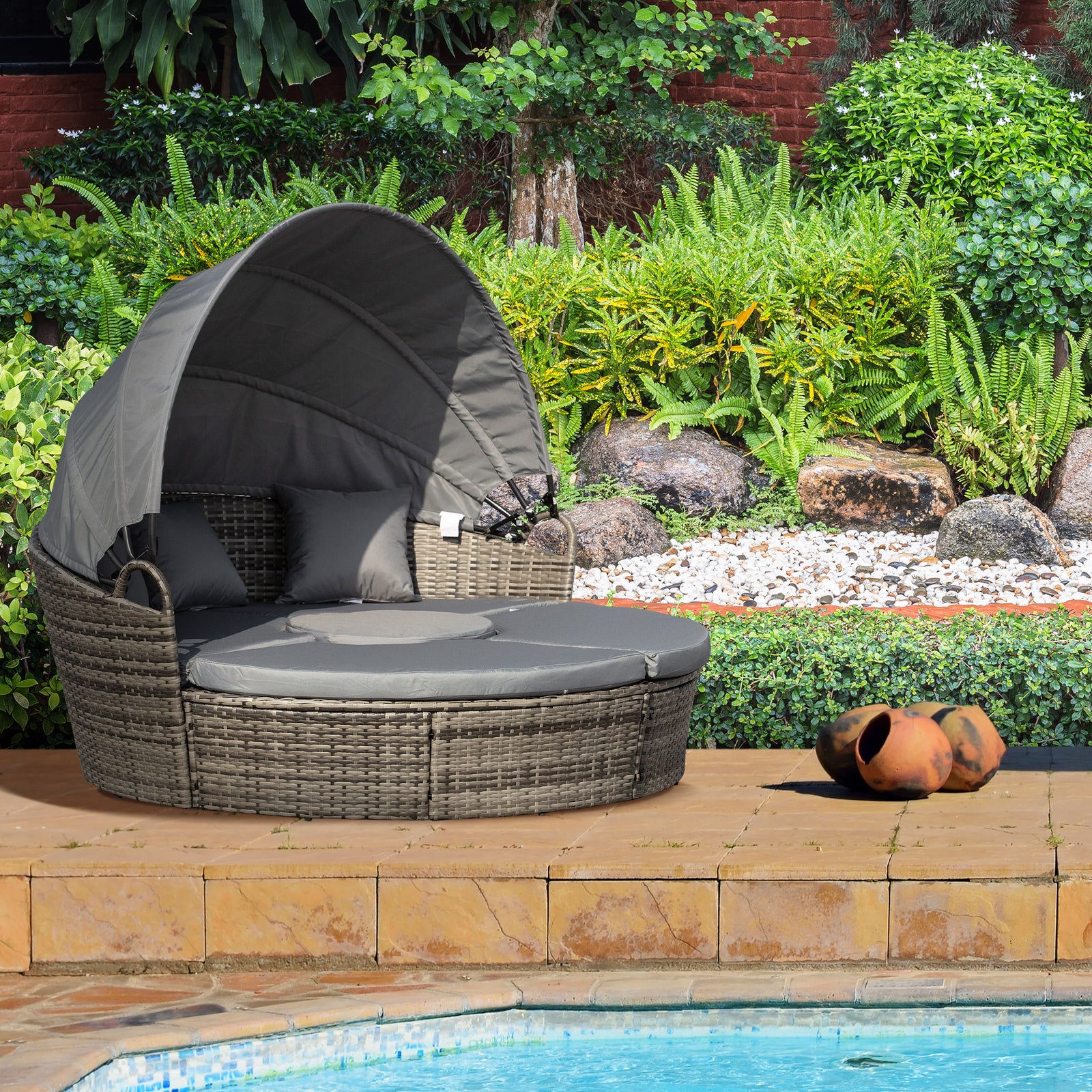 5 Pcs Cushioned Outdoor Rattan Round Sofa Bed Table Set | Gray