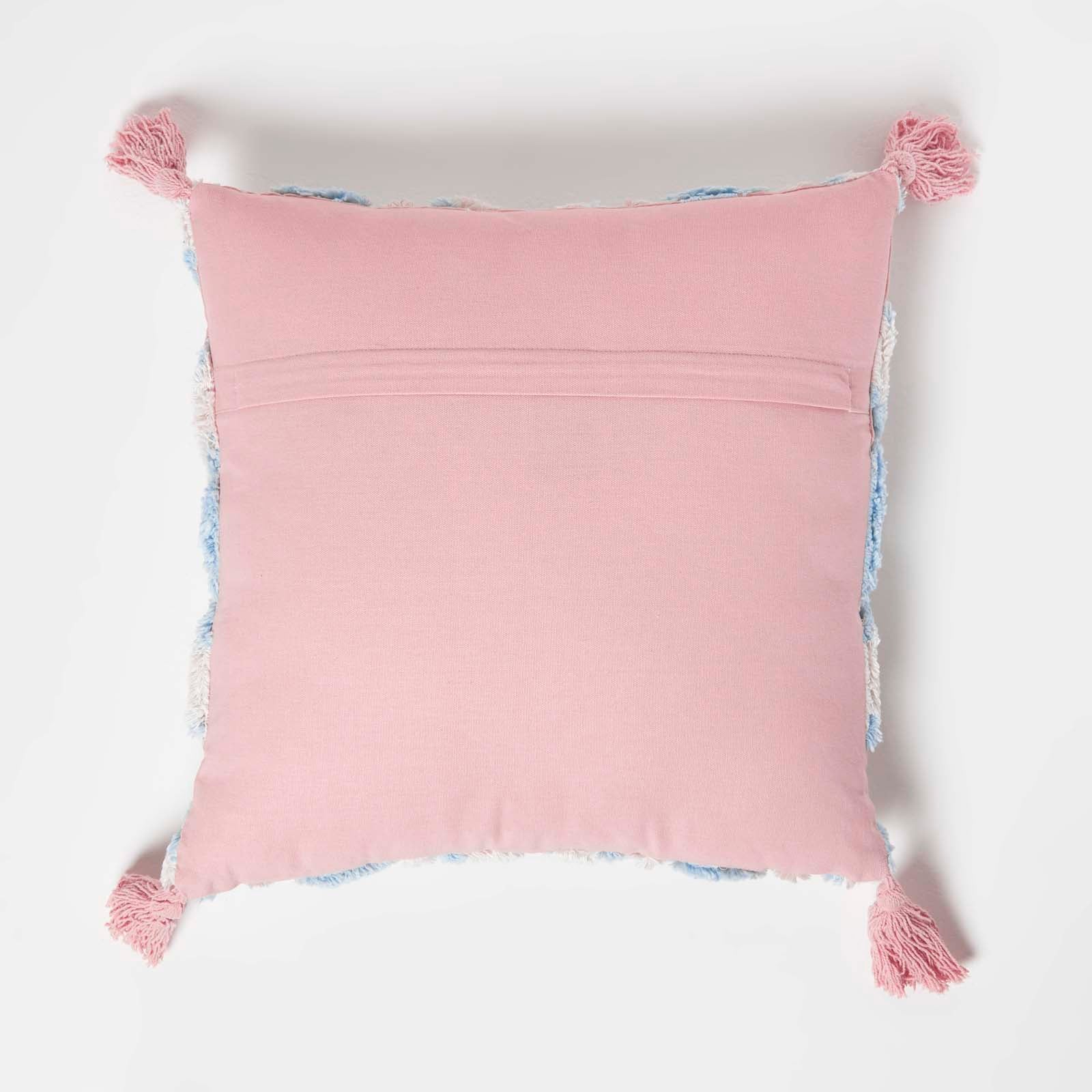 Geometric Ikat Tufted Cotton Cushion With Tassels | 45cm x 45cm | Blue & White