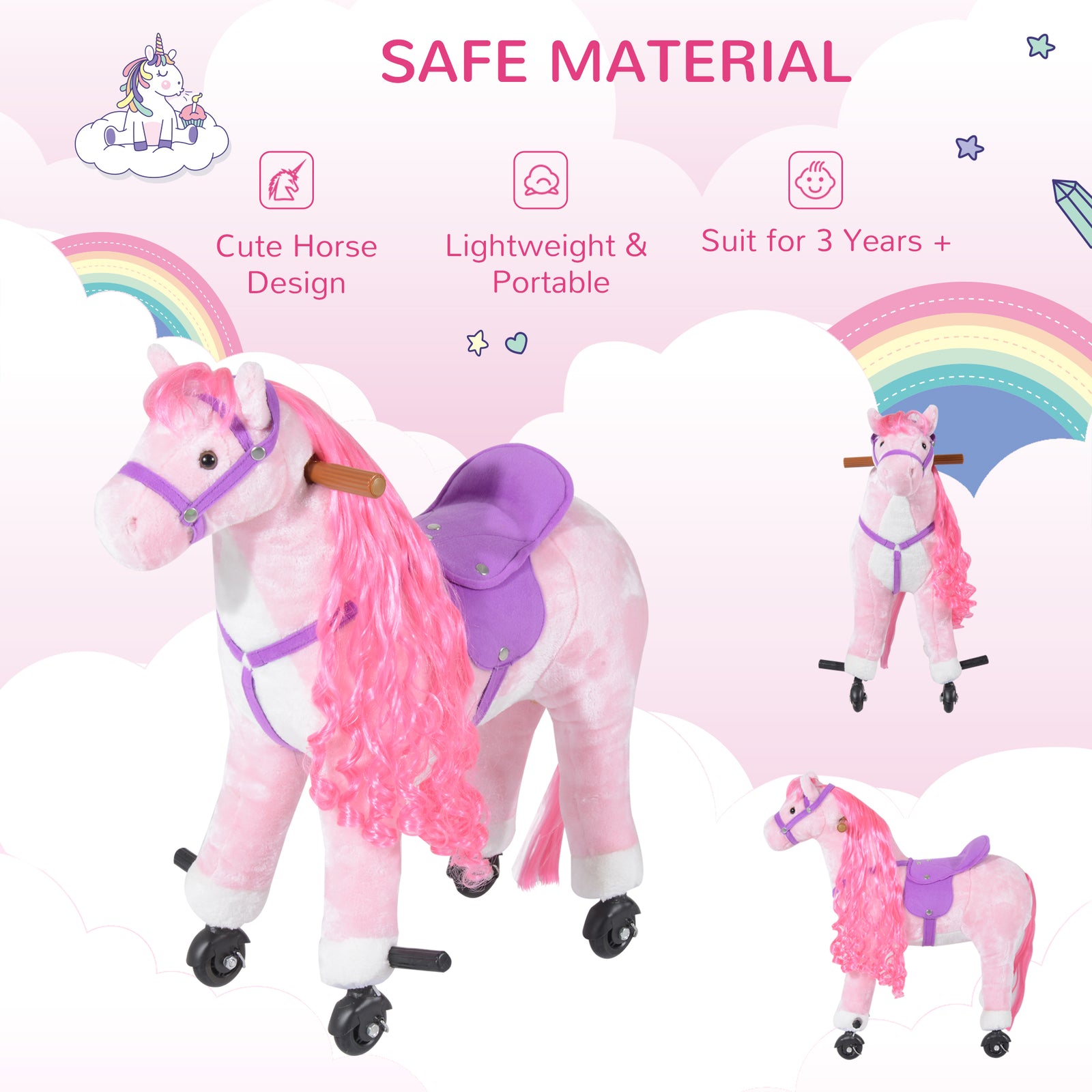 Child Boys Walking Horse Riding Toy Plush Walk Pony Wheels W/ Sound | Pink