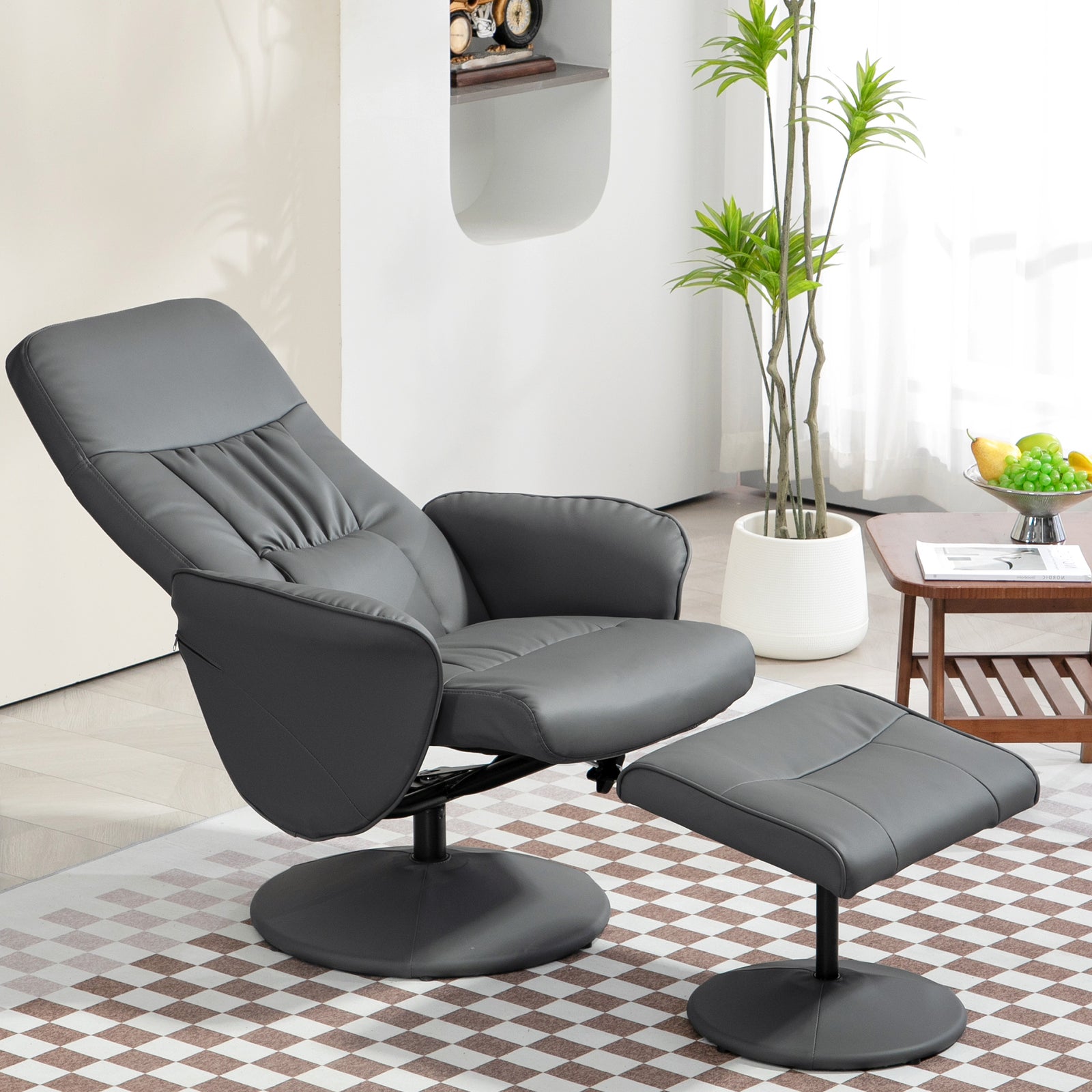 Pu Leather Armchair And Footrest Swivel Recliner W/ Ottoman | One Size | Grey