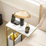 HOMCOM C Shaped Side Table, Faux Marble Bedside Table With Charging Station