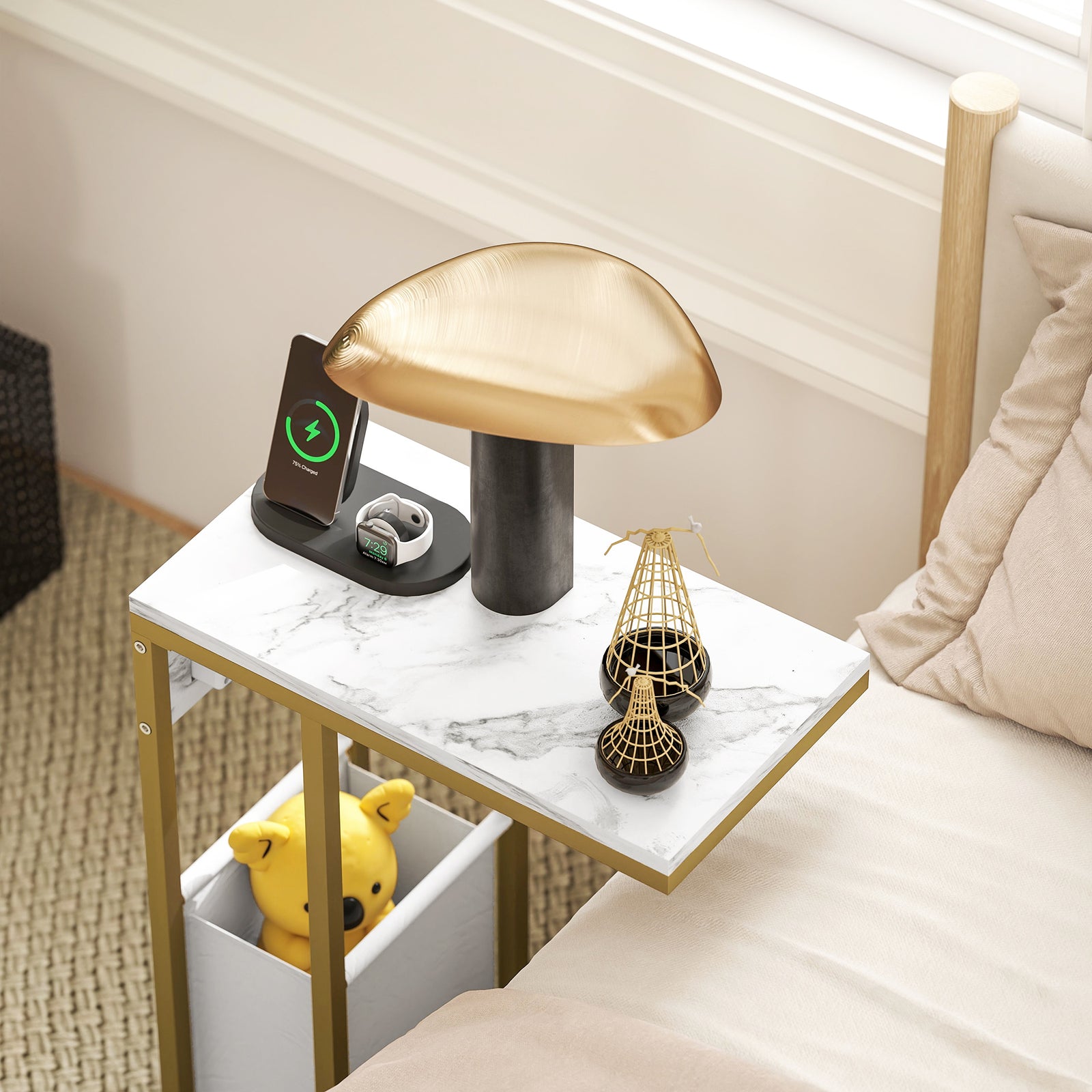 HOMCOM C Shaped Side Table, Faux Marble Bedside Table With Charging Station