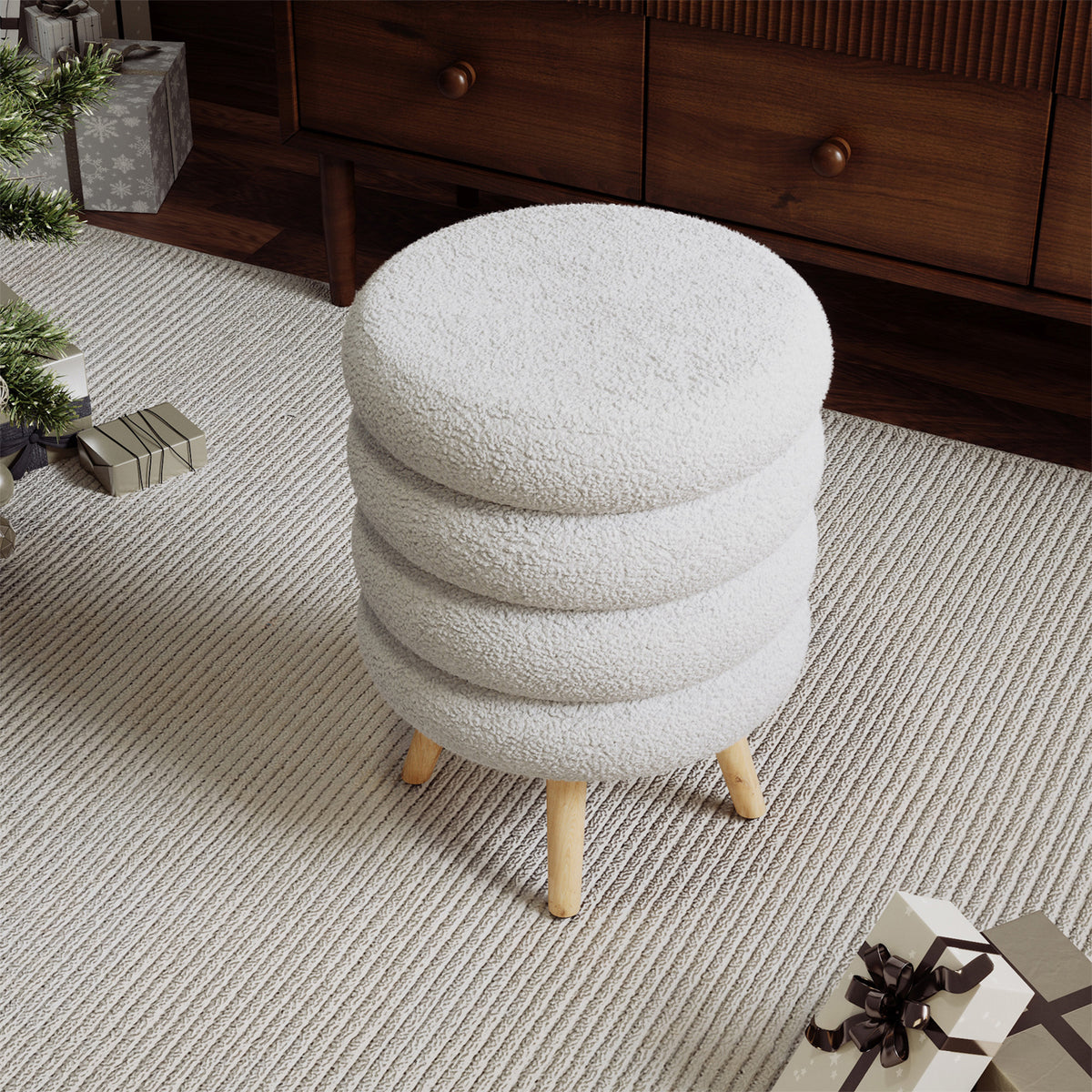 Teddy Fleece Upholstered Footstool With Wooden Legs