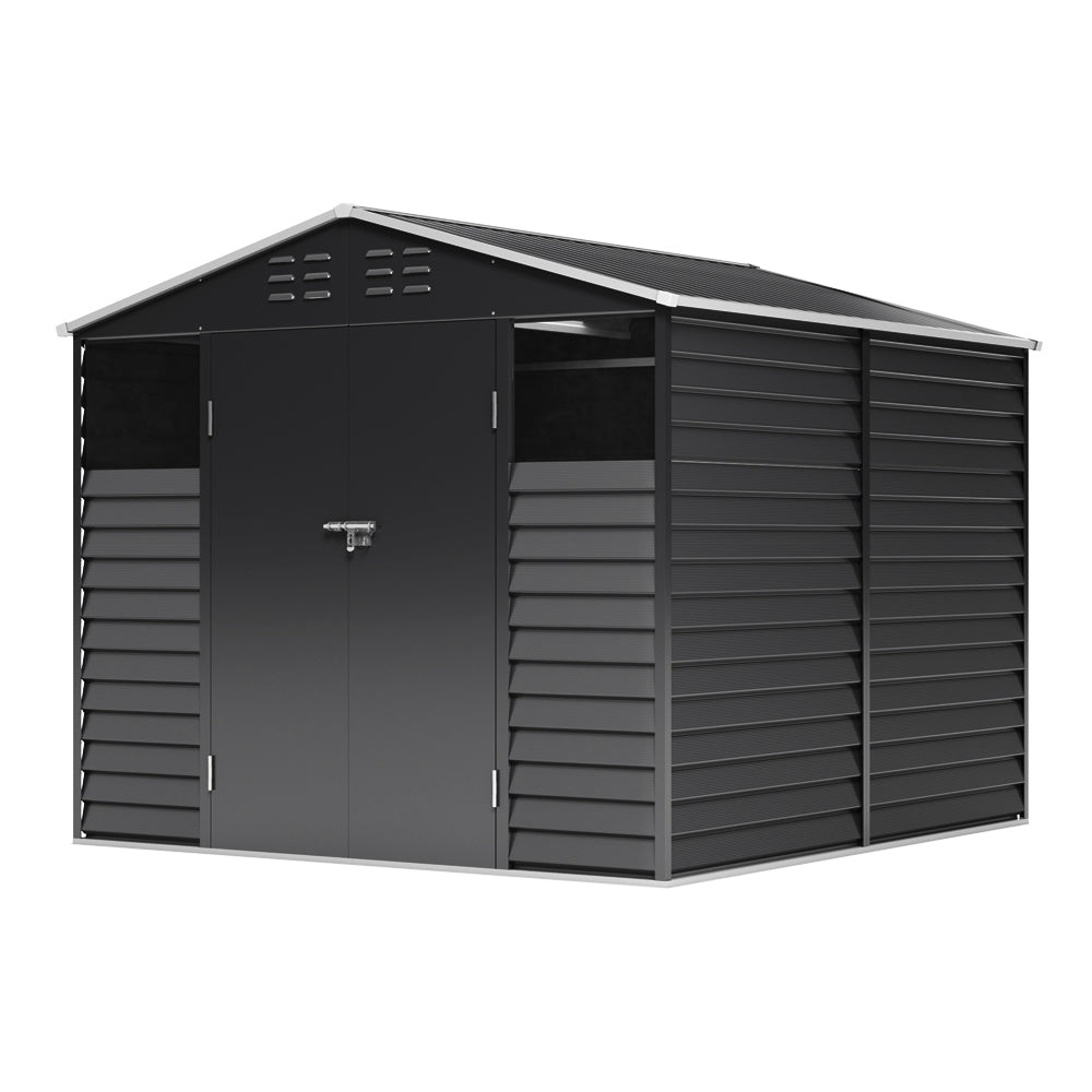 8.08 ft x 8.53 ft Durable Charcoal Steel Garden Tool Shed with Windows, Ventilation, and Shelving – Spacious, Secure Storage for Outdoor Equipment