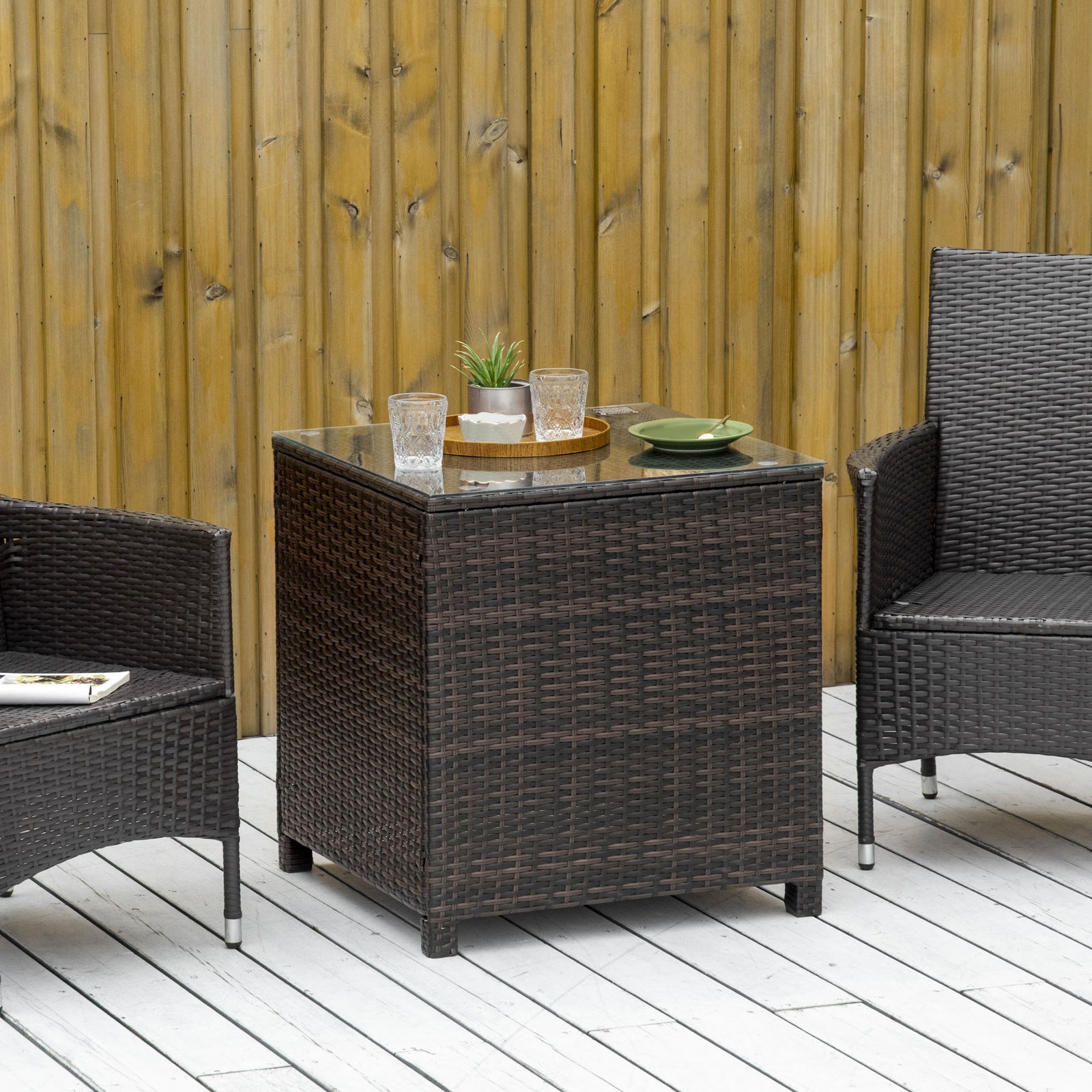 Rattan Garden Side Table Wicker Patio With Tempered Glass | Brown