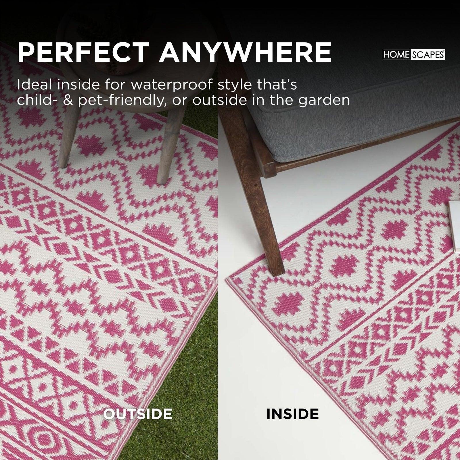 Luxury Outdoor Rug Waterproof Reversible For Garden Patio 100% Recycled, Pink Tia Aztec | 150cm x 240cm | Pink