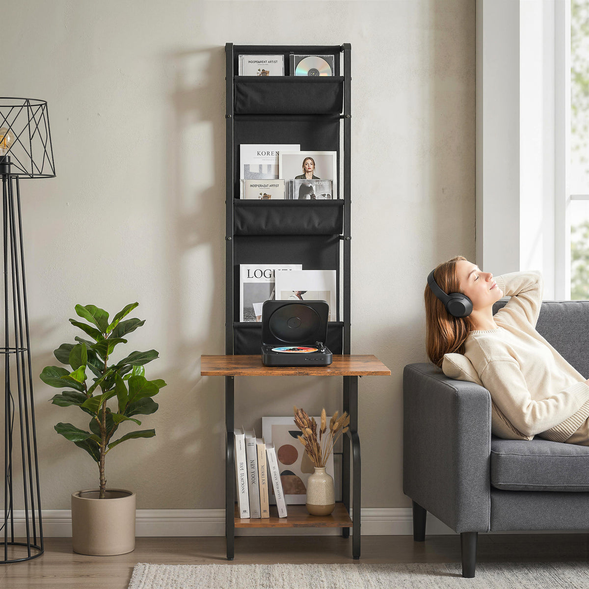HOMCOM Vinyl Record Player Stand With Oxford Pockets