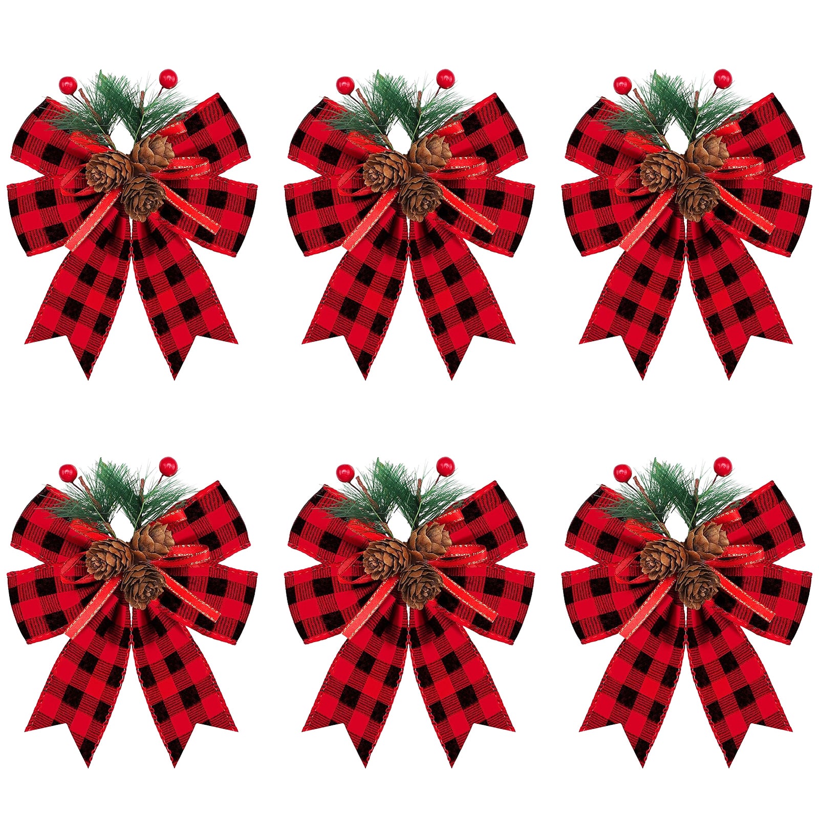 Premium 6-pack Christmas Bows Adorned With Pine Cones And Green Needles