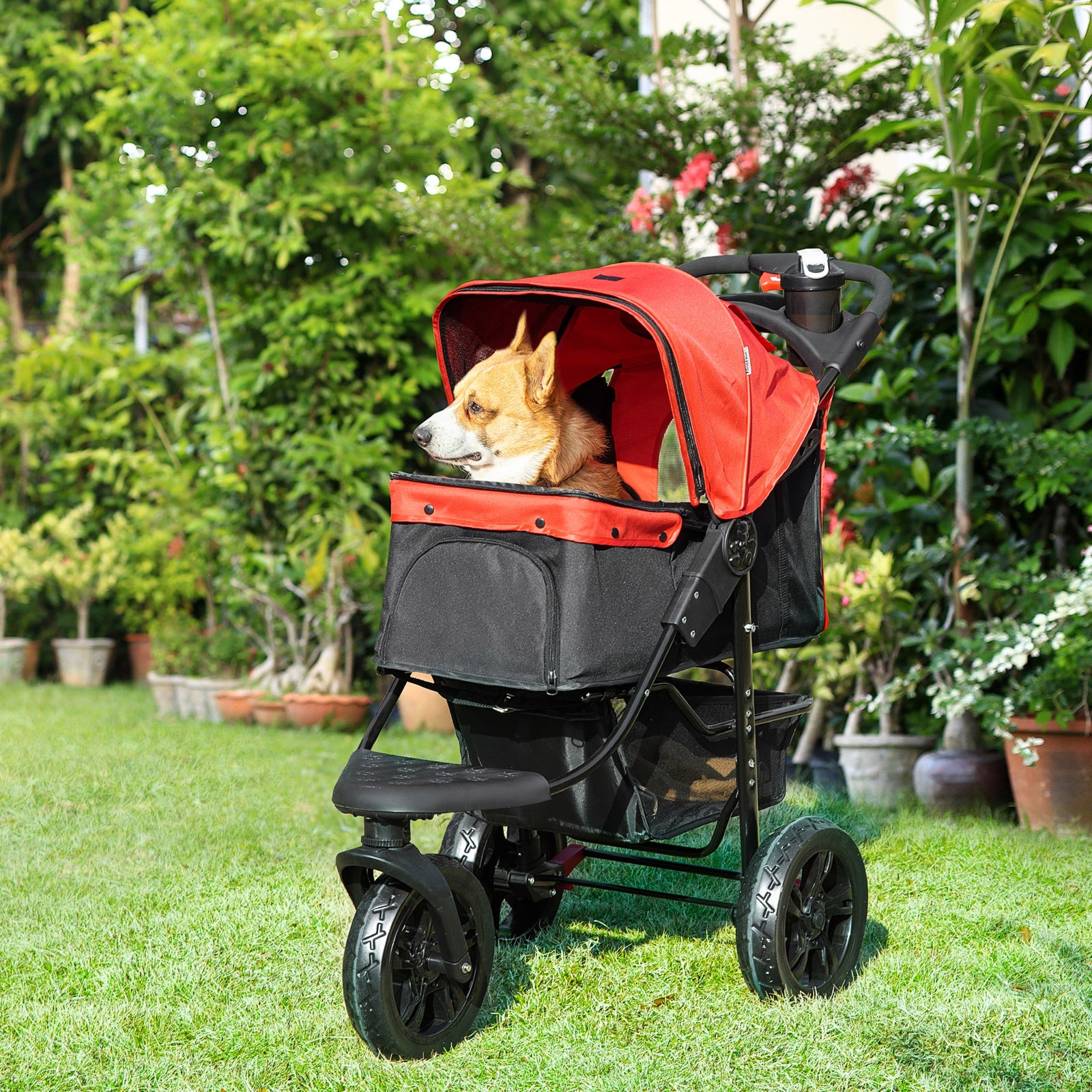 Folding 3 Wheel Pet Stroller Travel Adjustable Canopy Storage Brake | Red