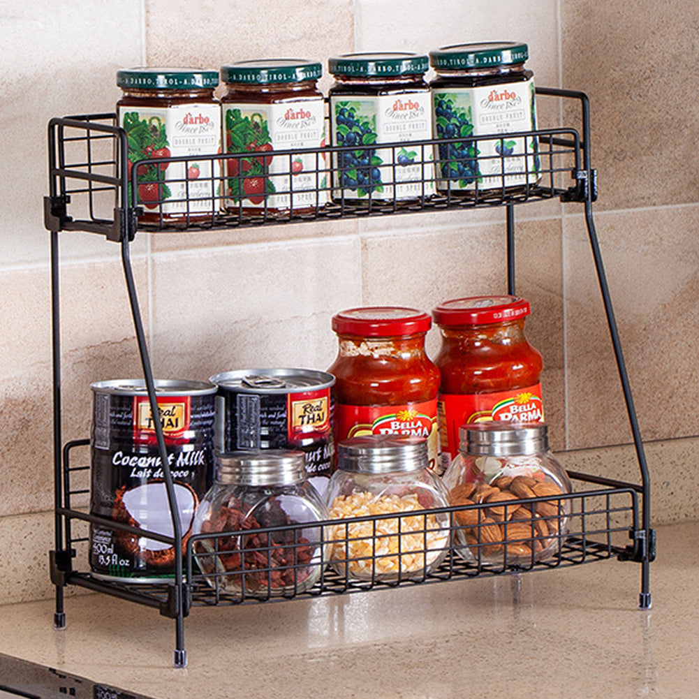 Free Standing 2 Tiers Spice Herb Jar Rack Holder Storage Organizer Counter Shelf Black | Small | Black