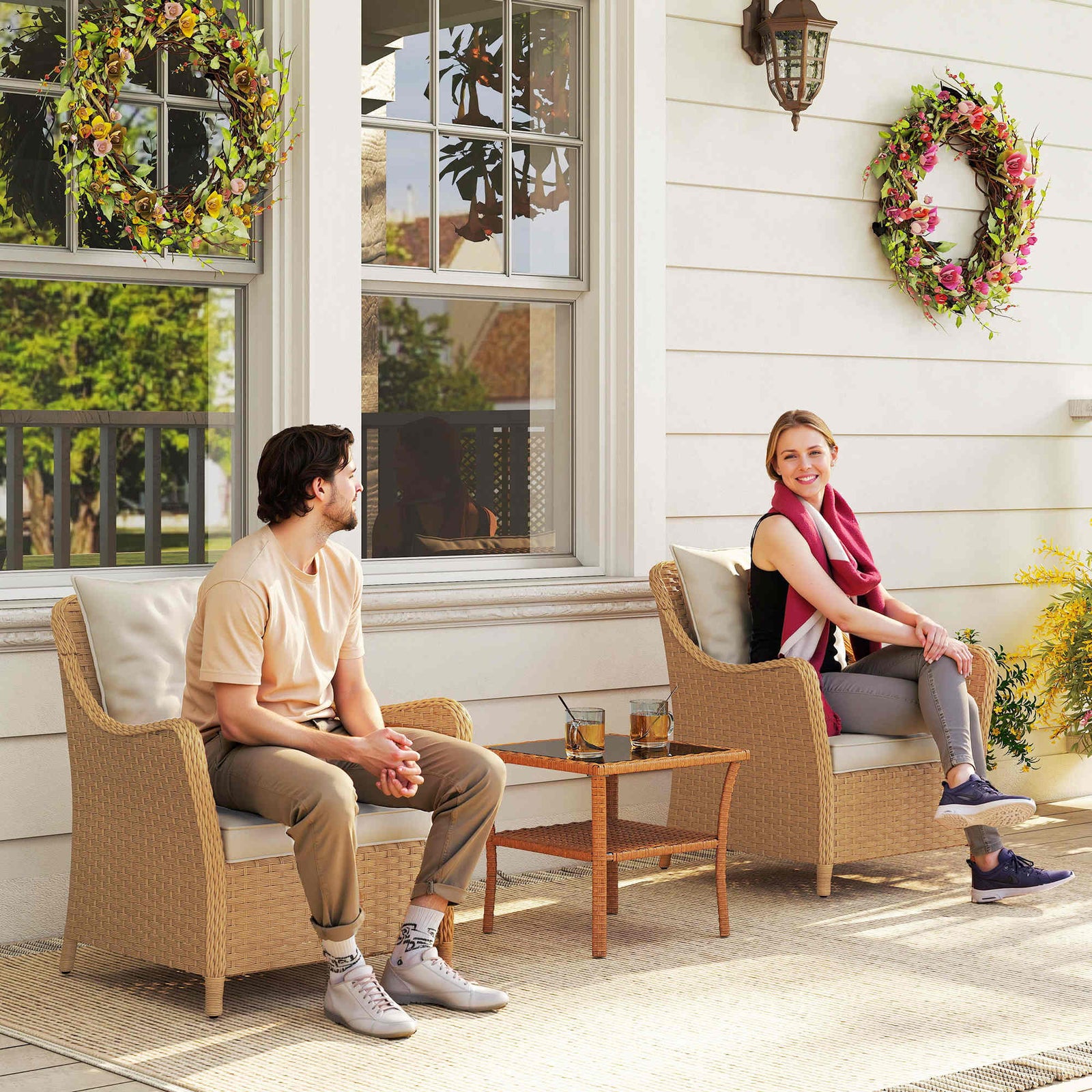 2 Pieces Rattan Garden Chairs, Cushioned Rattan Chairs | Beige