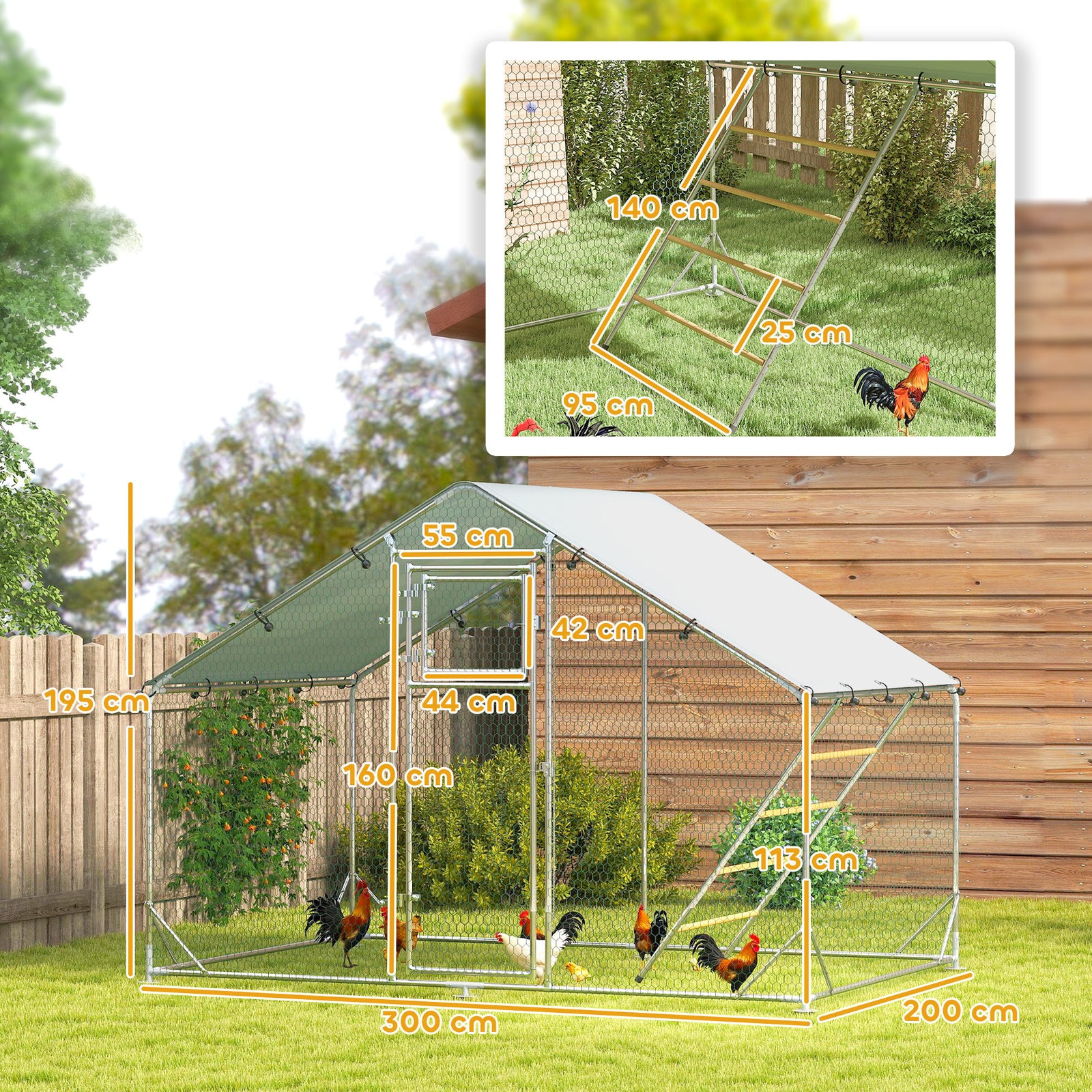 Walk In Chicken Run W/ Cover, Hanging Feeder, Perch | Small | Silver