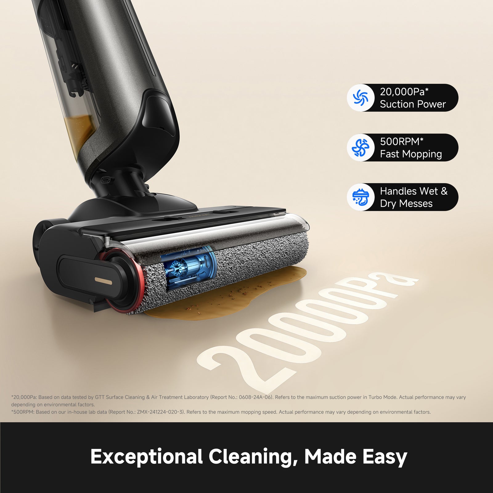 MOVA M10 Air Wet & Dry Vacuum Cleaner, 20,000Pa Suction, 60-Degree Hot Air Brush-Drying System, 180-Degree Lie-Flat Design
