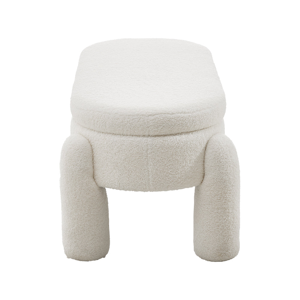 110cmW Oval Upholstered Storage Bench – White Teddy Fleece Flip-Top Ottoman Seat with Wooden Frame, Modern Nordic Style