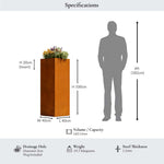 Corten Steel Tall Square Planter - Pre-rusted | 40cm x 40cm x 100cm | Brown