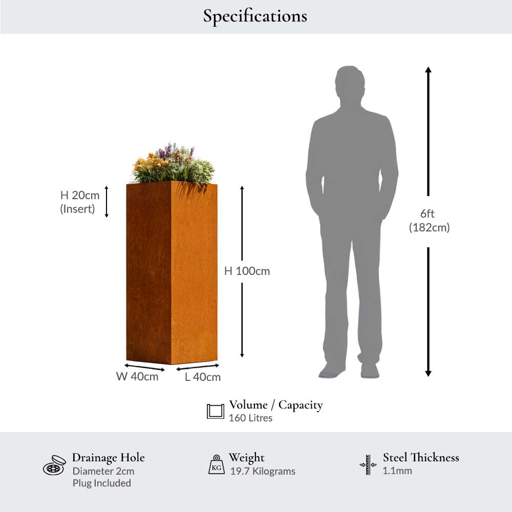 Corten Steel Tall Square Planter - Pre-rusted | 40cm x 40cm x 100cm | Brown