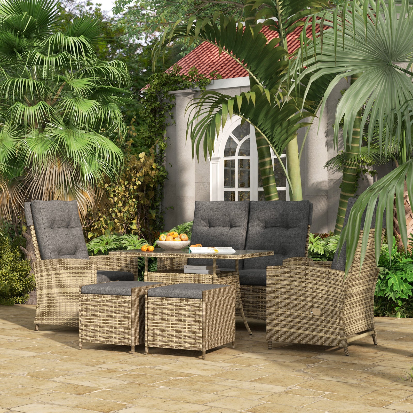 Outsunny 6 Pcs Pe Rattan Set W/ Chaise Lounge Chair