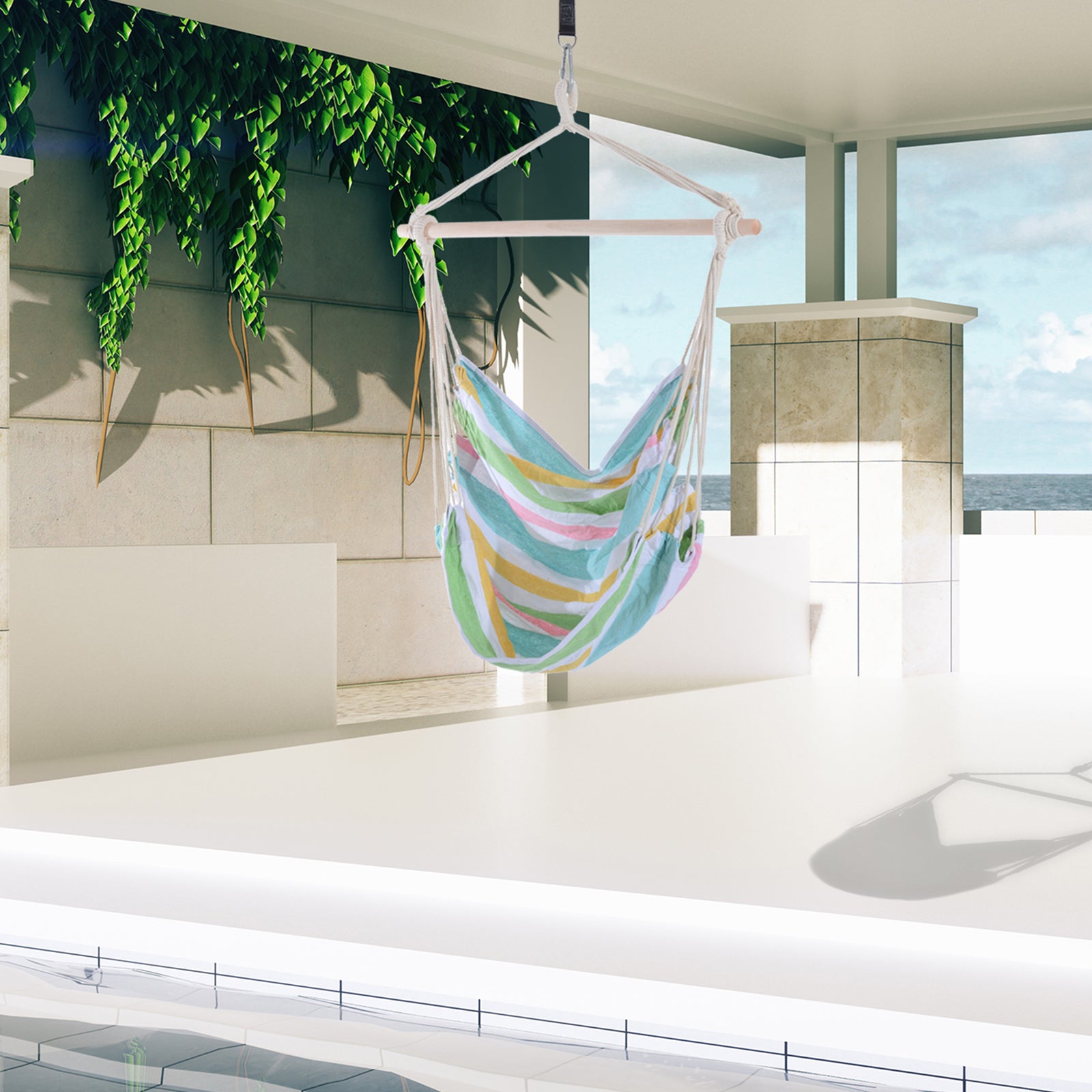 Portable Hanging Chair With Cotton Rope Wooden Support Bar | Green