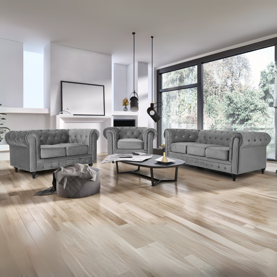 Button Tufted Velvet Living Room Sofa - 3 Seater | Grey