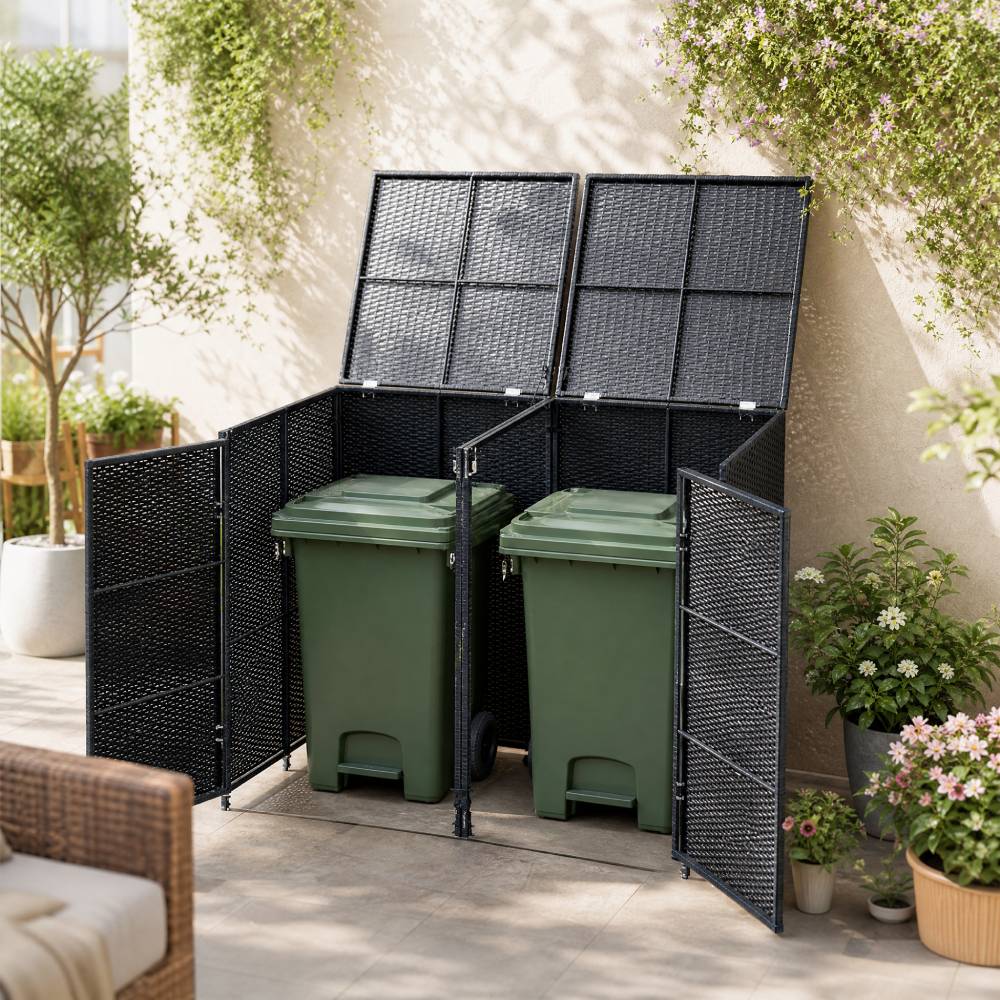 Pe Rattan Double Trash Can Storage Shed With Lid & Front Door, Outdoor Garbage Bin Enclosure, Metal Frame, Weather-resistant Wicker Design | Black