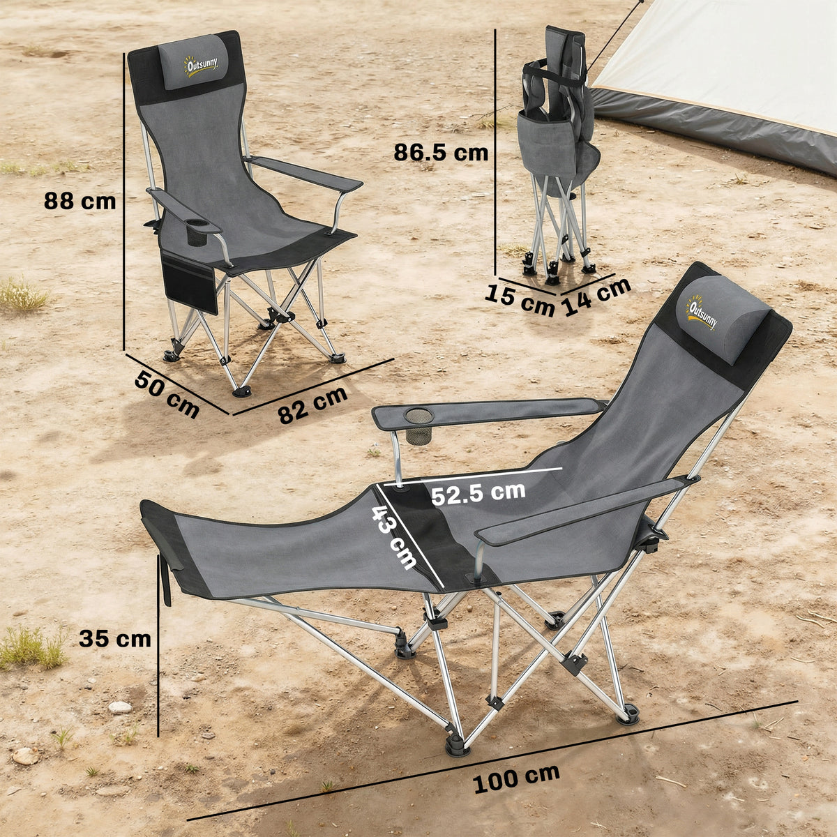 Set Of 2 Reclining Camping Chairs | Grey