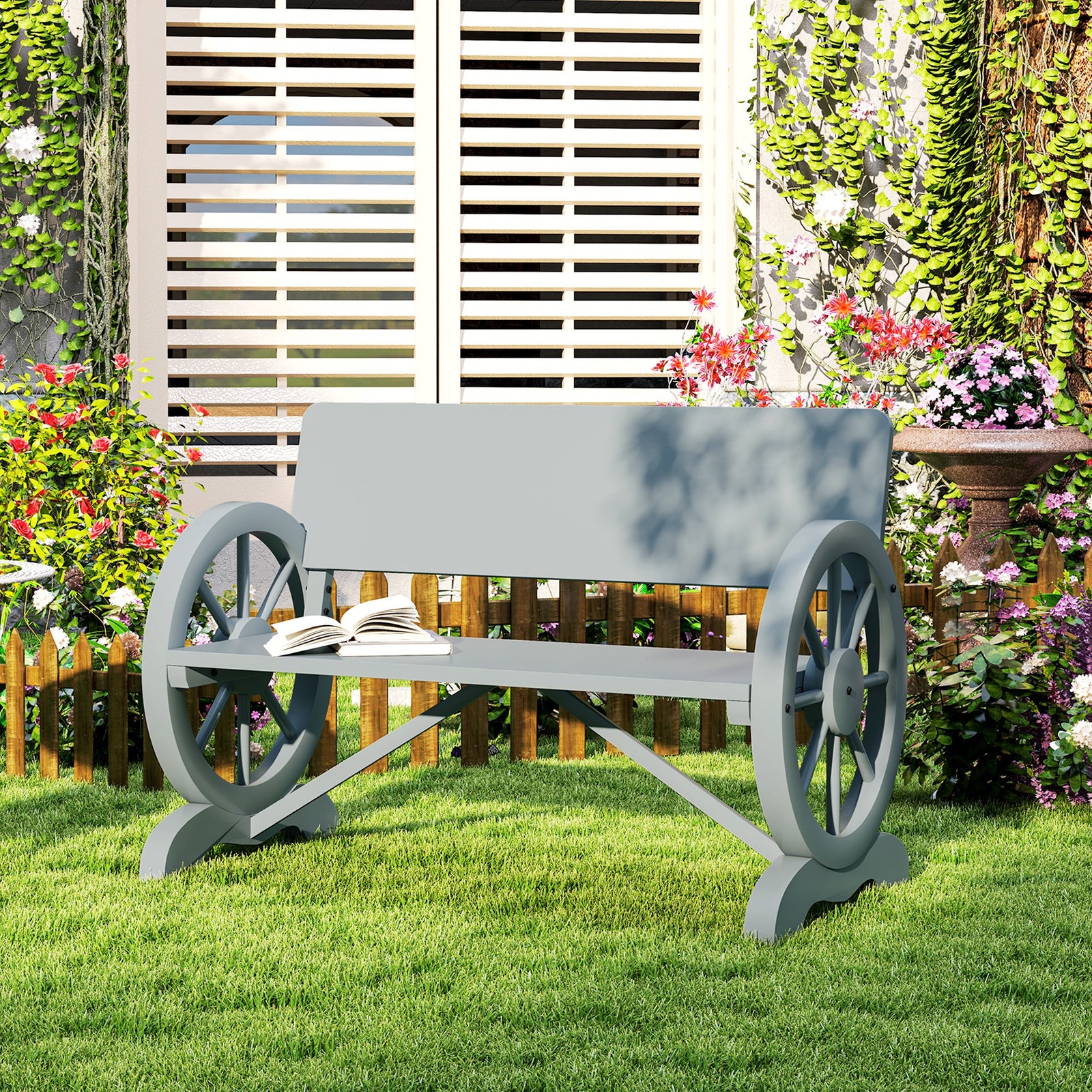 Wooden Garden Bench Outdoor Loveseat With High Back, Grey