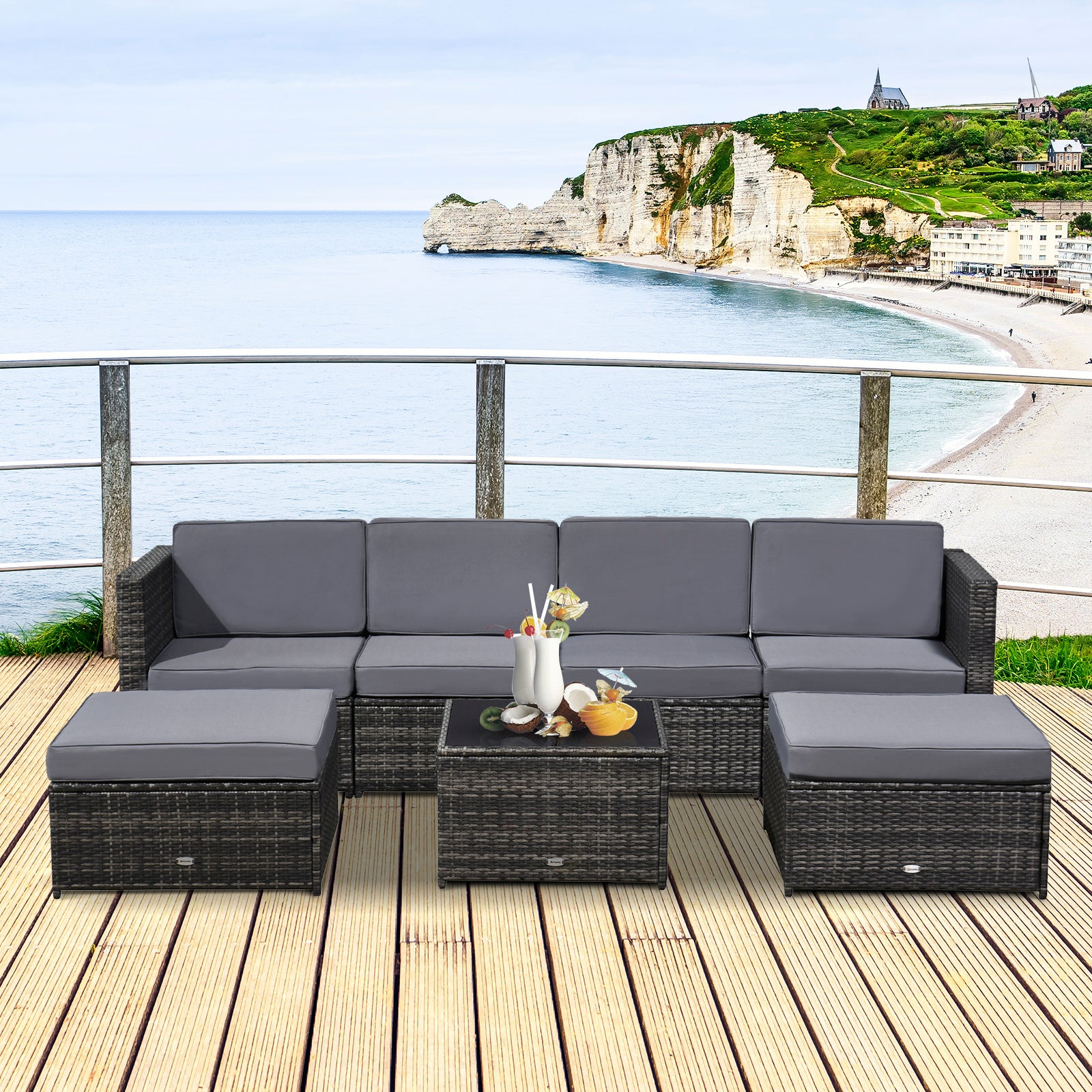 Outsunny 7pc Rattan Garden Furniture Wicker Sofa & Coffee Table Set