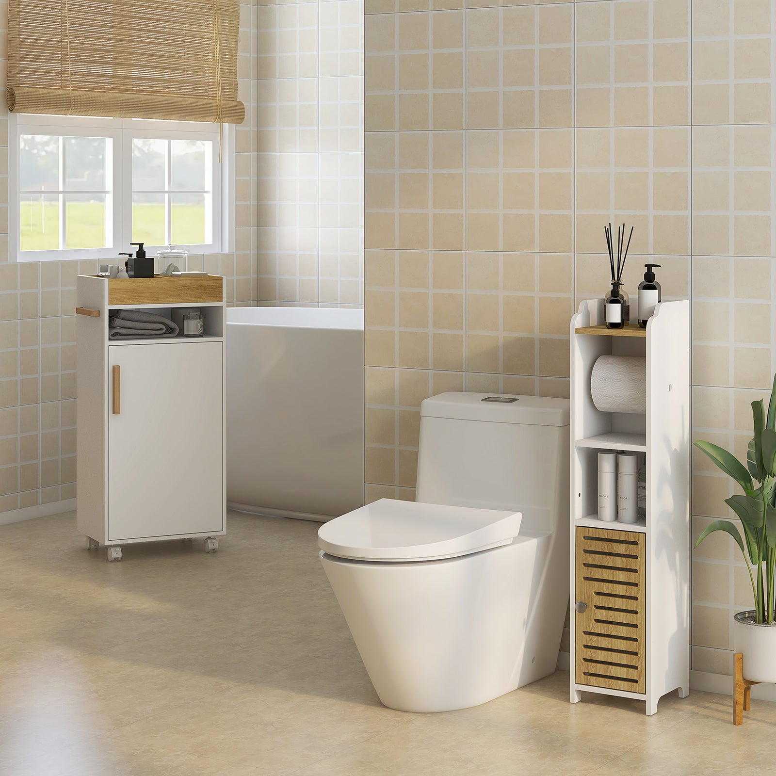 Bathroom Storage Cabinet With Cushioned Door And Wheels