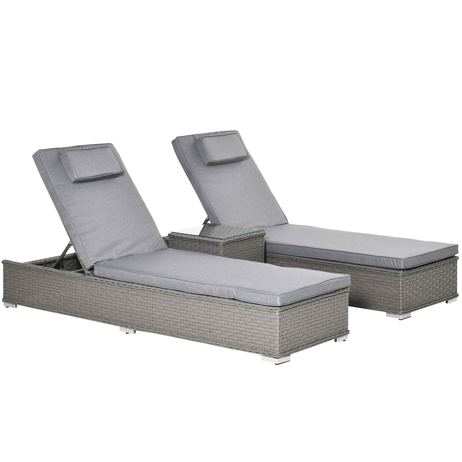 3pc Rattan Sun Lounger Set W/ Side Table - Grey