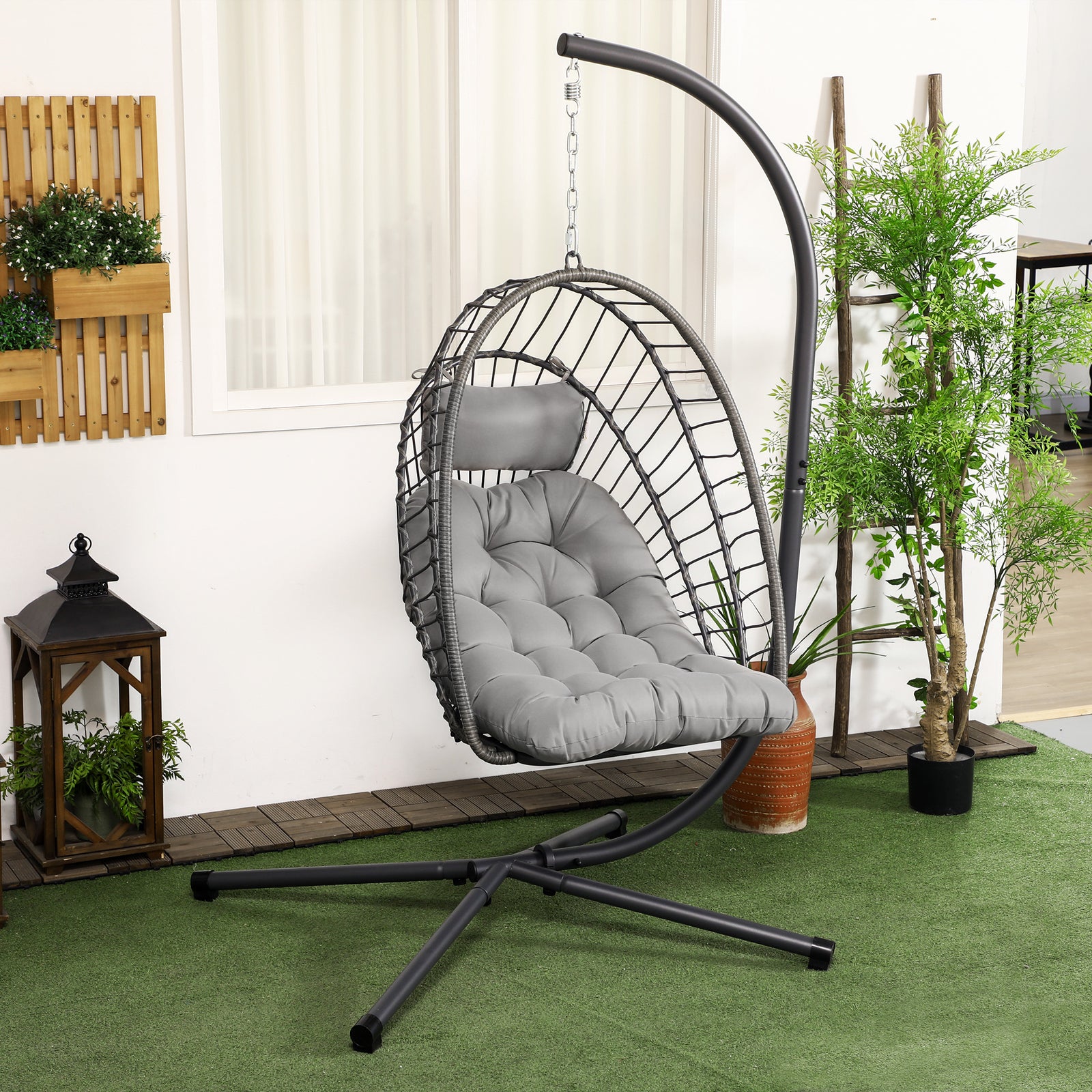 Pe Rattan Patio Hanging Egg Chair With Metal Stand, Headrest