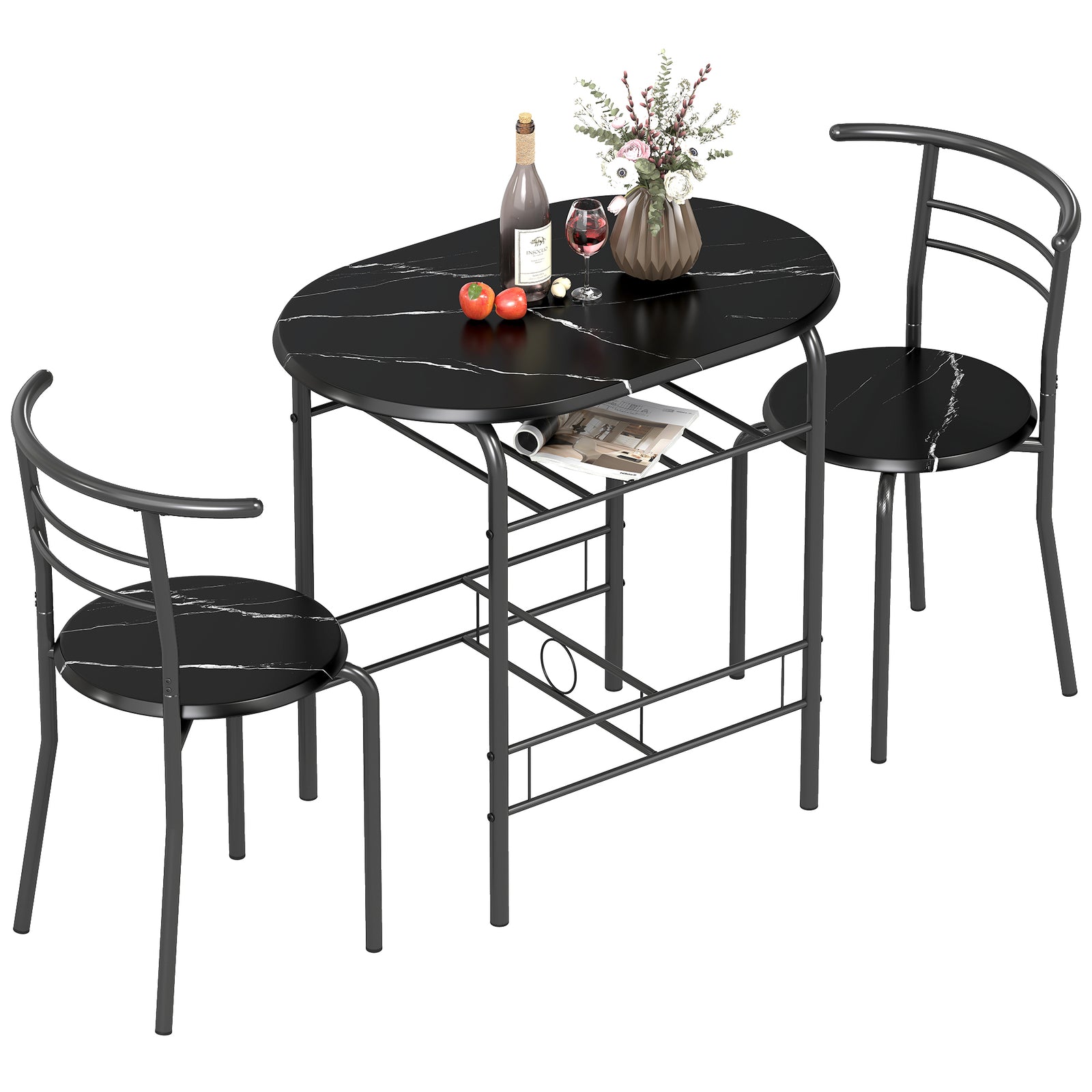 Breakfast Bar Table And Stools Set, Dining Room Set With Shelf | Black