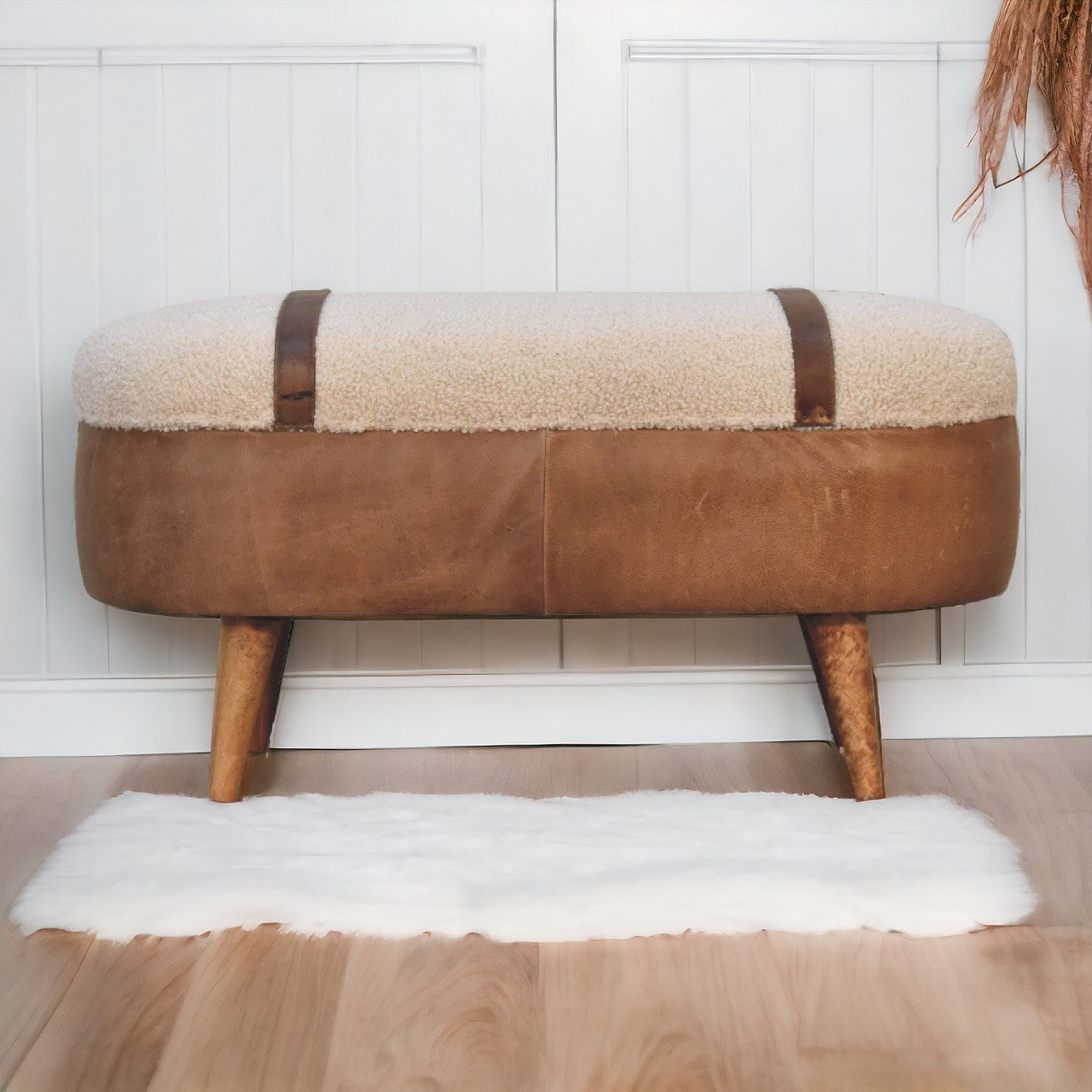Artisan Furniture Solid Wood Tan Buffalo Boucle Nordic Bench, Upholstered