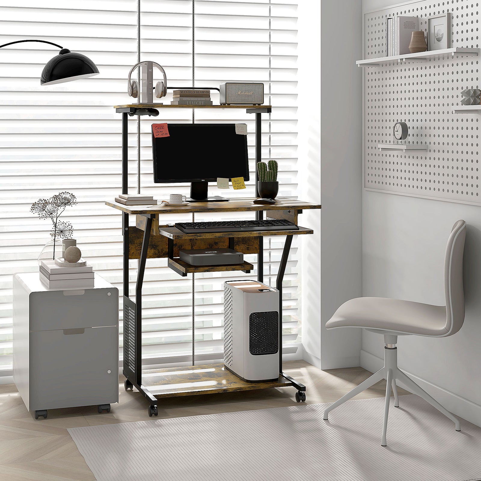 Mobile Desk With Storage Shelves, Industrial