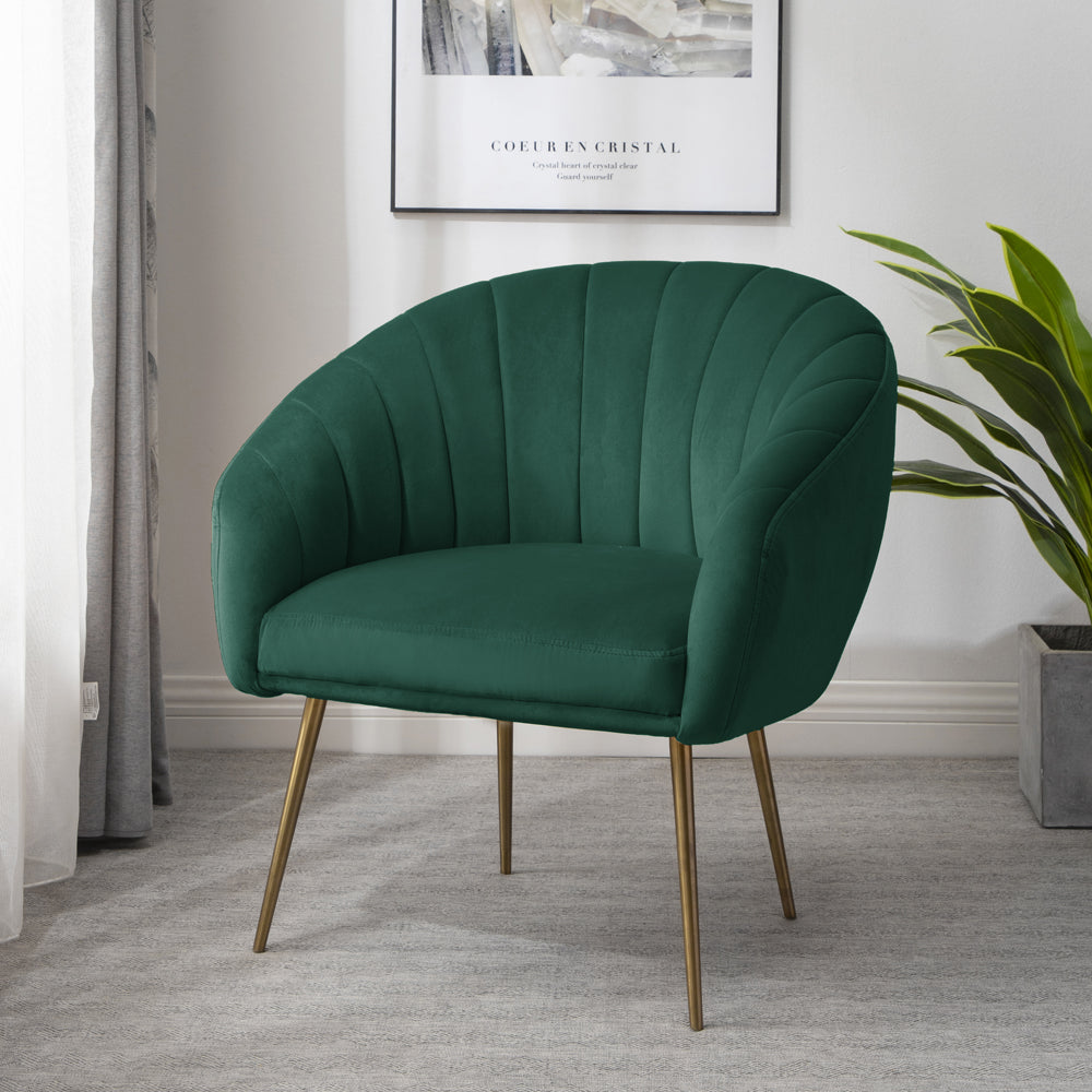 Helena 74cm Wide Shell Back Velvet Fabric Accent Chair With Brass Coloured Steel Legs | Green