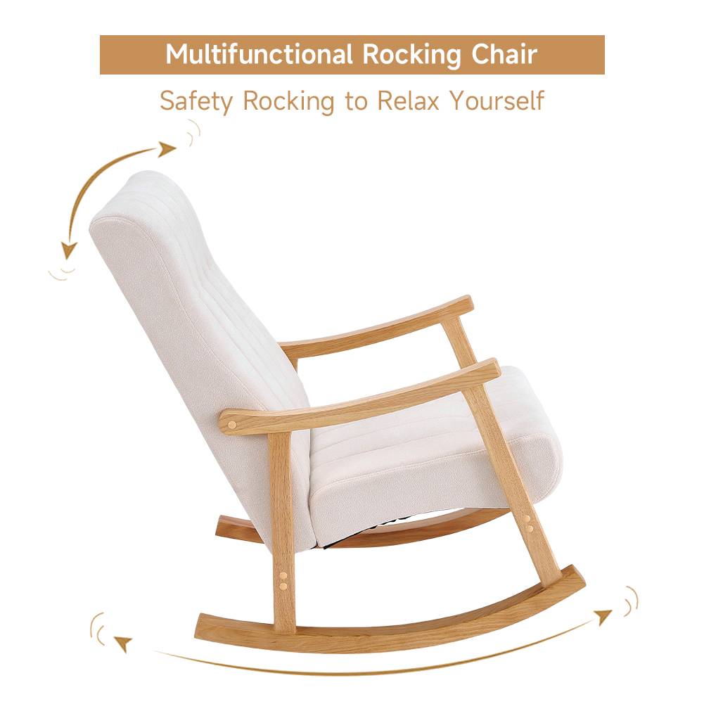 Minimalist Solid Wood Rocking Chair With Tufted Backrest – Ergonomic Design For Comfort And Relaxation | Beige