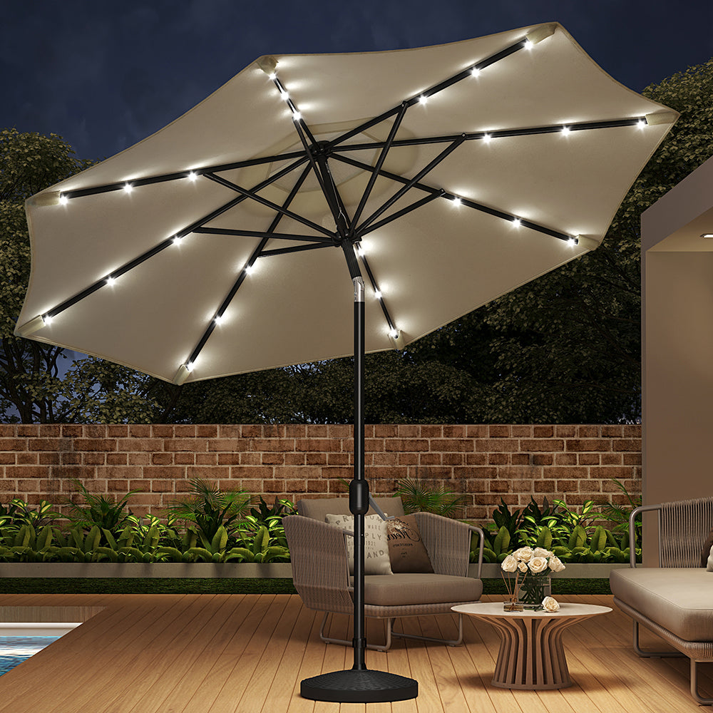 3m Outdoor Patio Parasol – Solar-powered Umbrella With 24 Led Lights, Tilt & Crank Handle, With Round Base | One Size | Beige