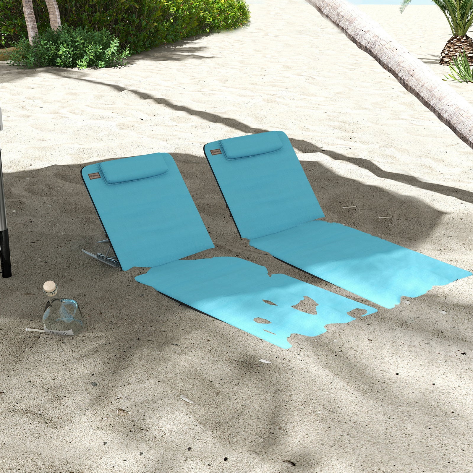 2pc Outdoor Beach Mat Steel Reclining Chair Set W/ Pillow | Sky Blue