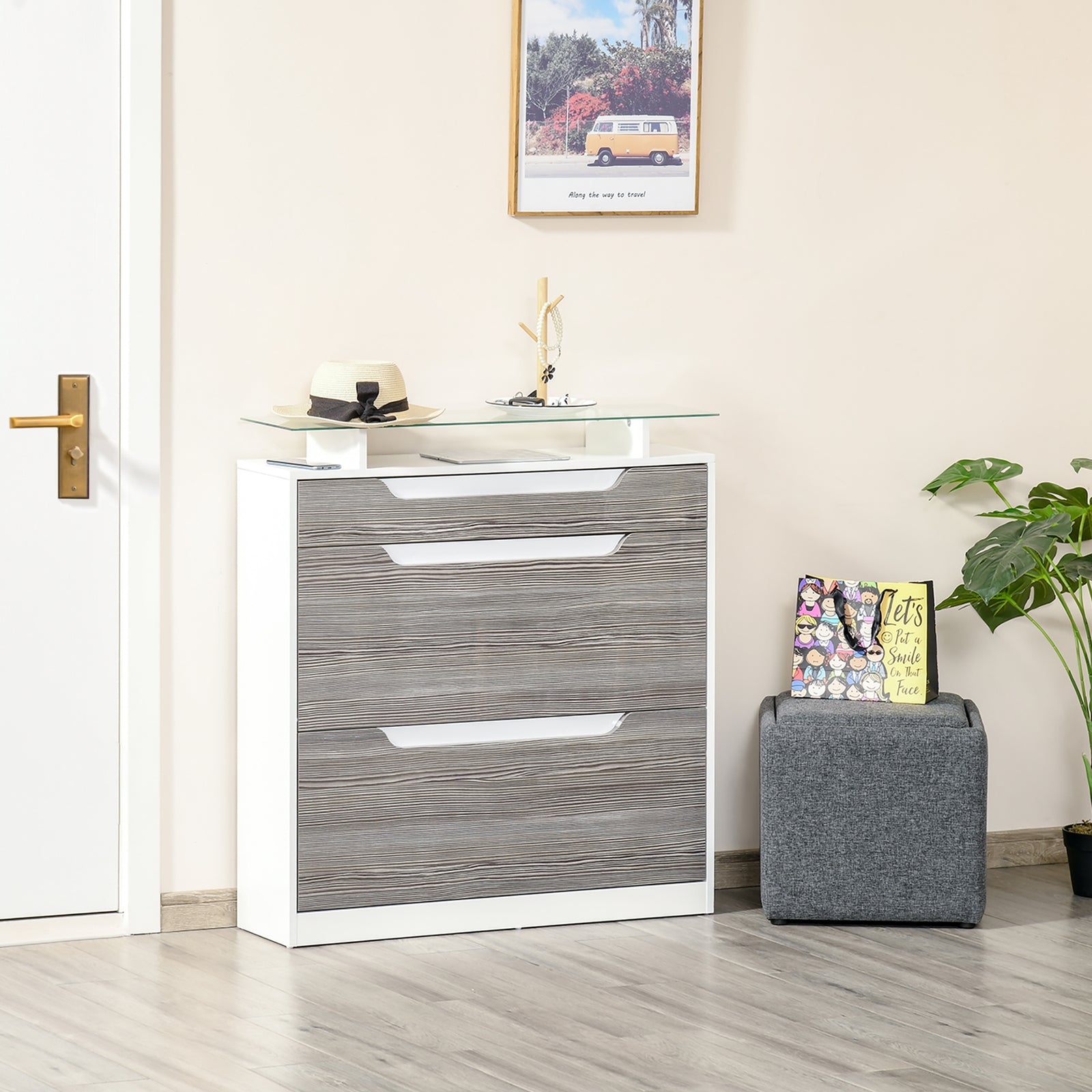 Shoe Cabinet W/ 3 Drawers, High Gloss Front Panels Glass Top | One Size