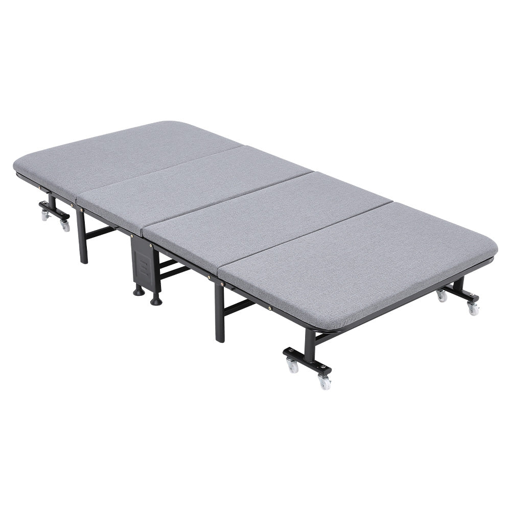 90*190cm Grey Folding Bed Steel Framed Foldable Bed With Mattress And 6 Wheels