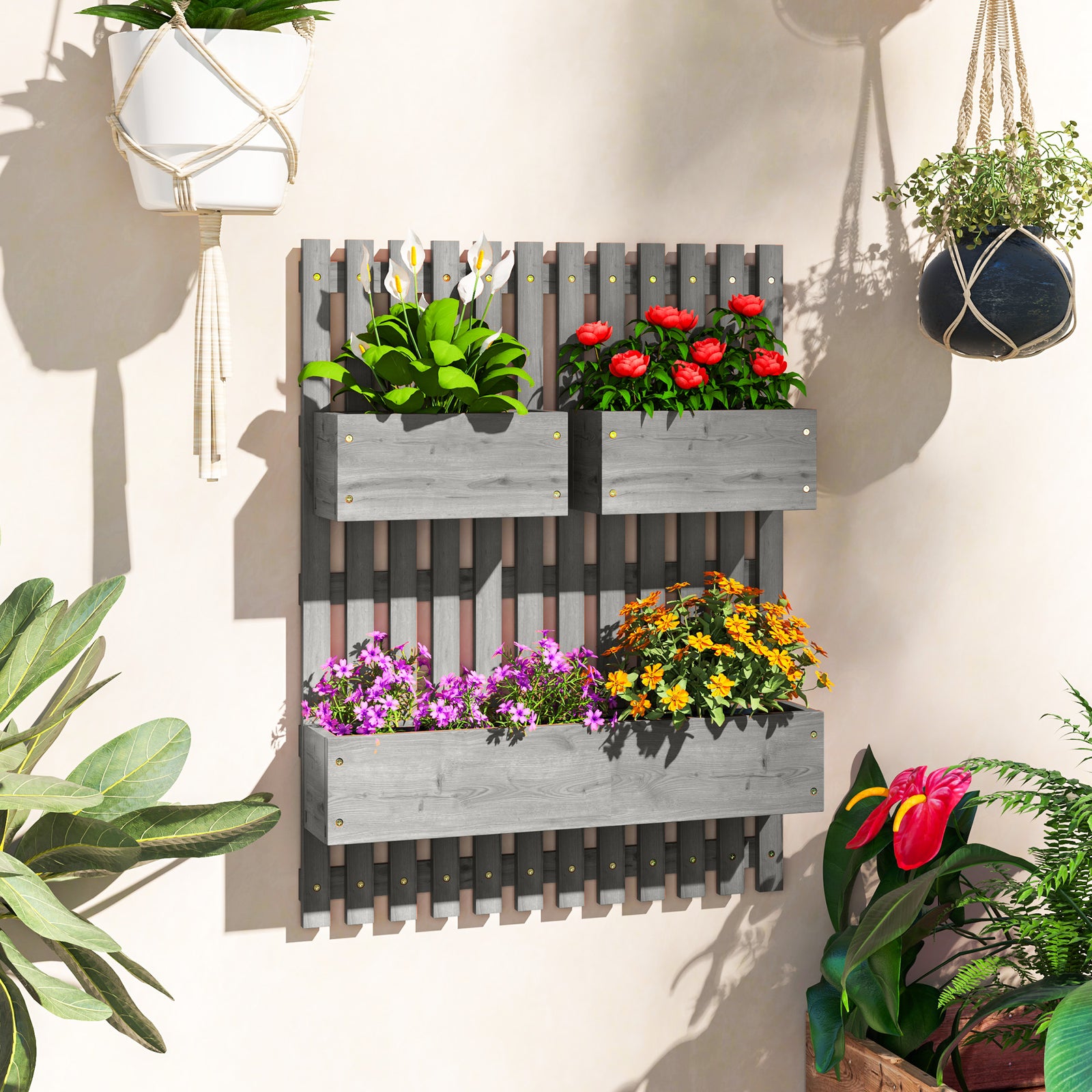 Wall-mounted Wooden Planters With Trellis | Grey